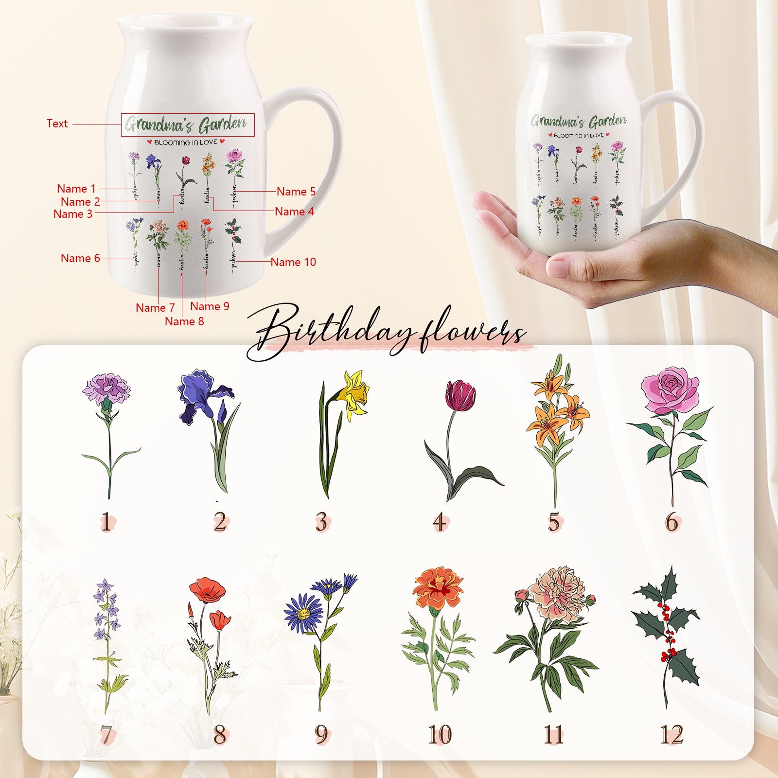 10 Names Personalised Ceramic Birthday Flower Jug Vase – Gift for Mum, Grandma, or Friend | Jessemade