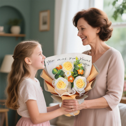 "You Are Sunshine" Knitted Yarn Rose Bouquet – Handmade Gift with Gift Bag | Jessemade