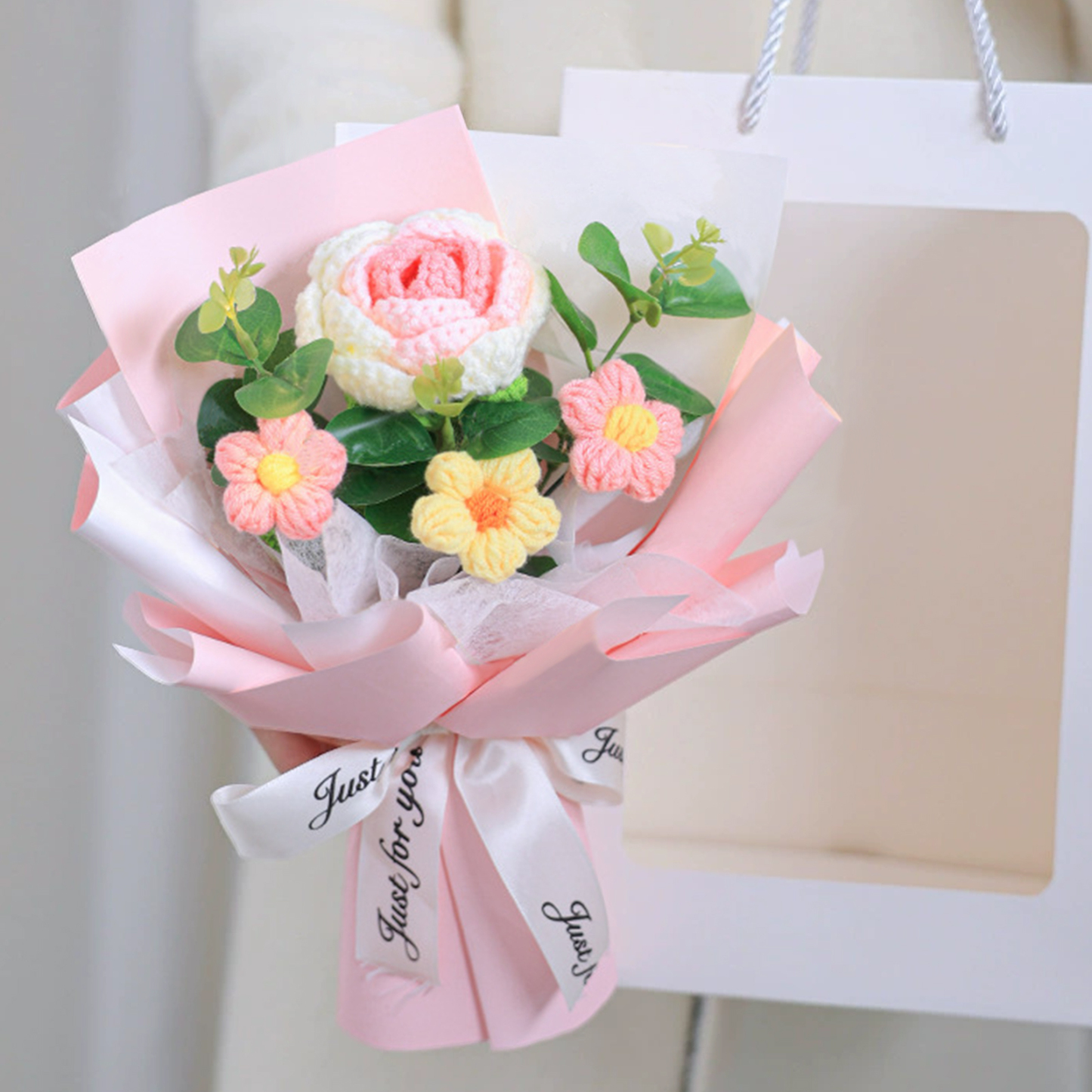 "You Are Sunshine" Knitted Yarn Rose Bouquet – Handmade Gift with Gift Bag | Jessemade