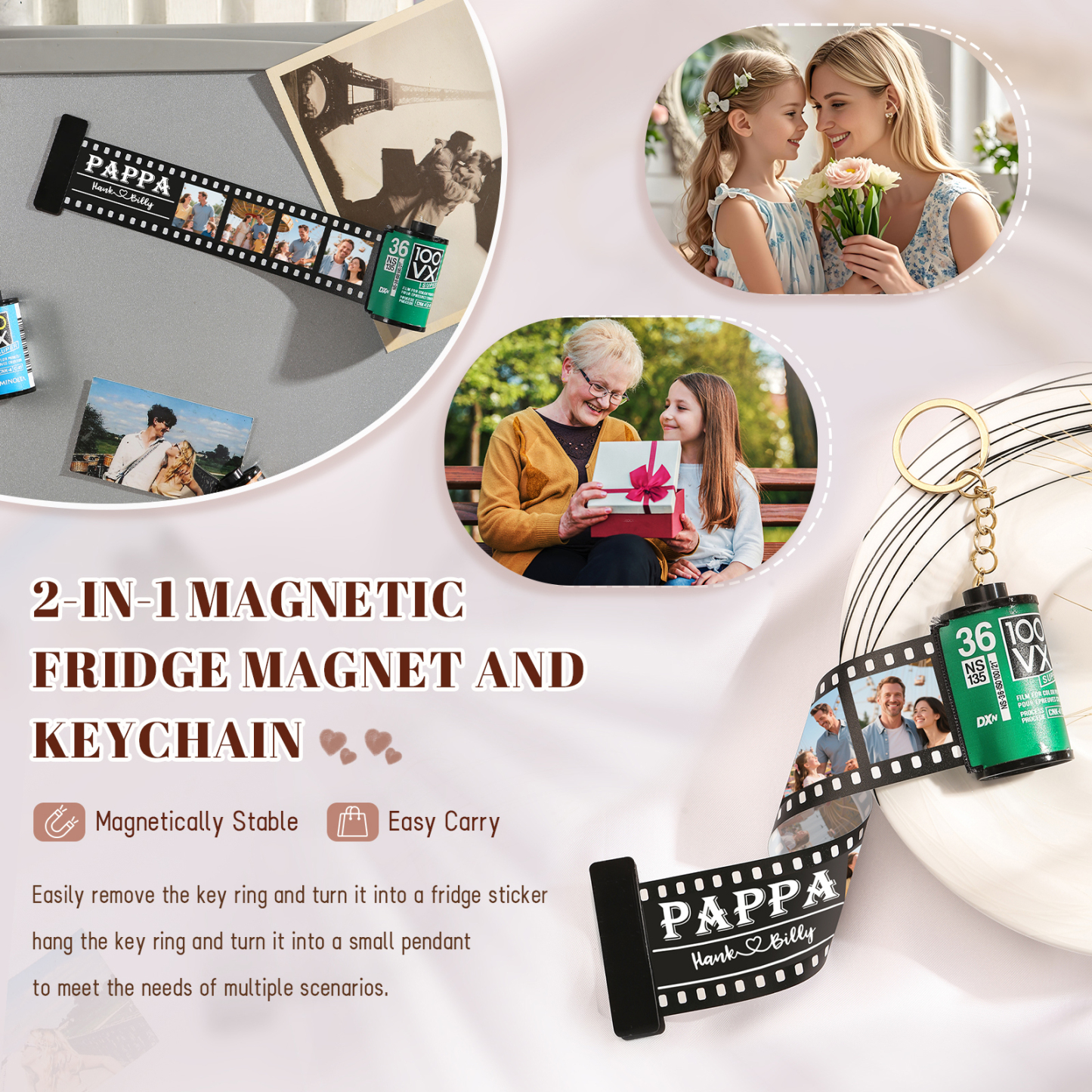 2 Names & 4 Photos Family Fridge Magnet Film Roll – Personalised Keepsake Keychain Gift for Dad & Grandad | Jessemade
