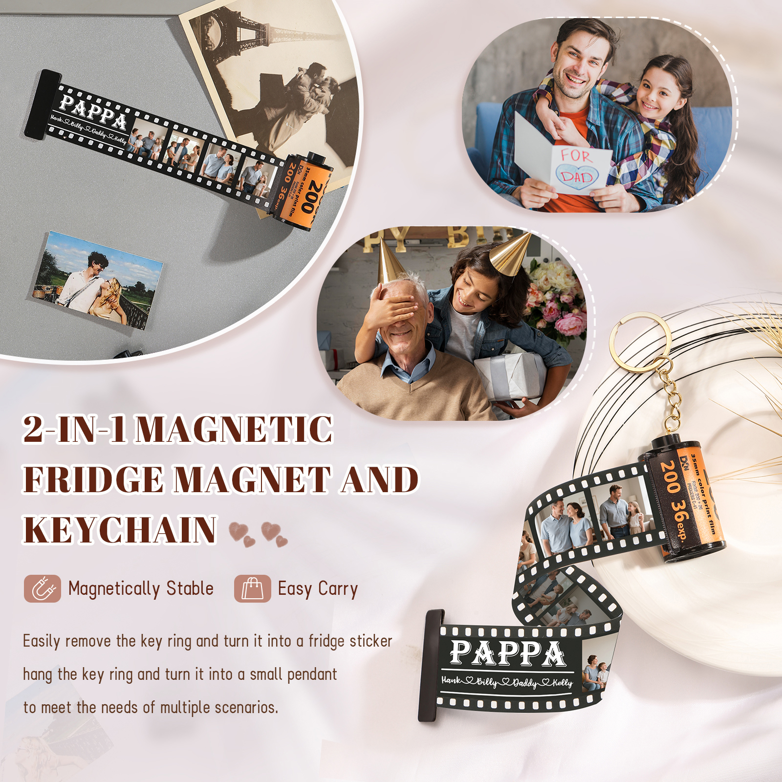 4 Names & 4 Photos Family Fridge Magnet Film Roll – Personalised Keepsake Keychain Gift for Dad & Grandad | Jessemade