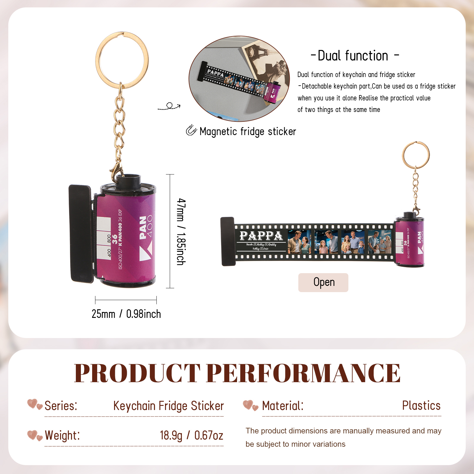 5 Names & 4 Photos Family Fridge Magnet Film Roll – Personalised Keepsake Keychain Gift for Dad & Grandad | Jessemade