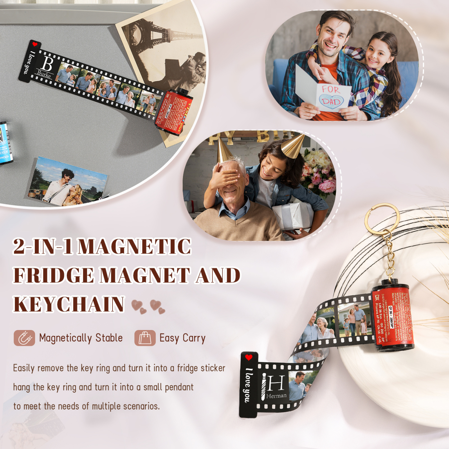 5 Photos Family Fridge Magnet Film Roll – Personalised Keepsake Keychain Gift for Dad & Grandad | Jessemade