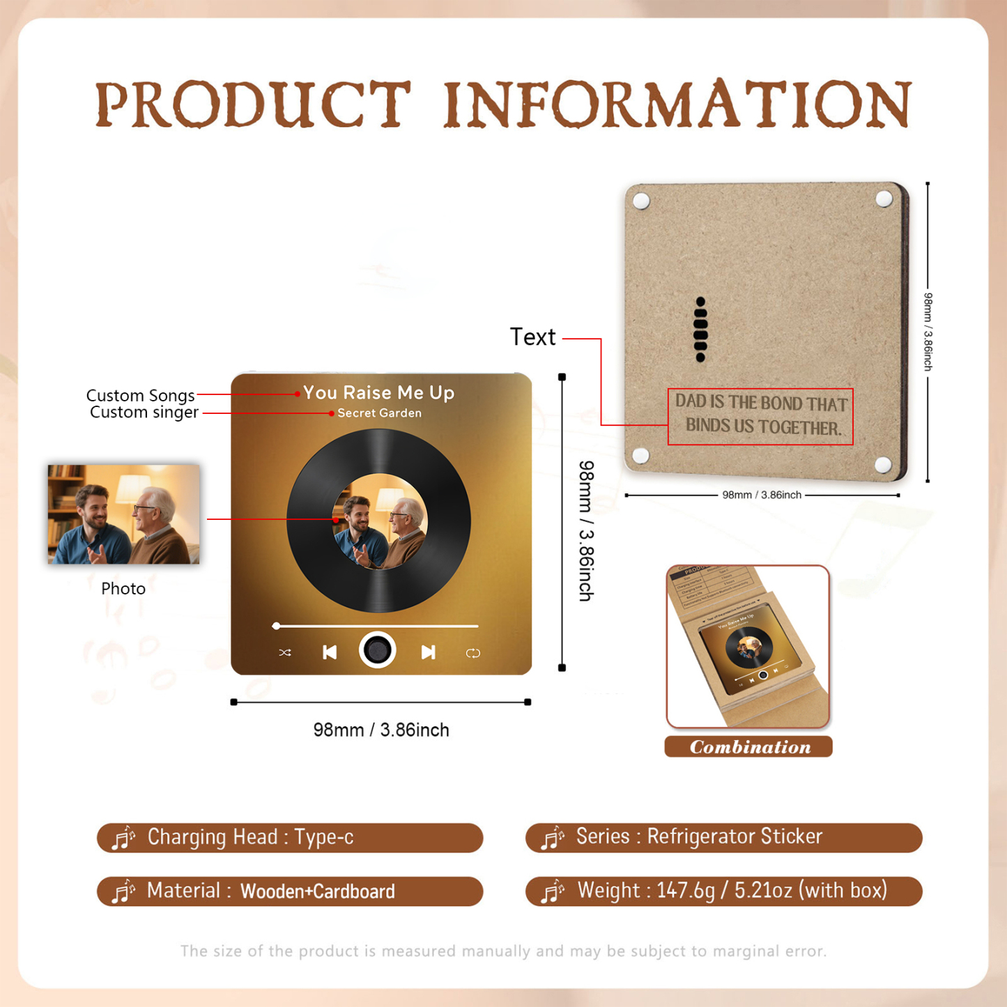 Personalised Vinyl-Style Music Fridge Magnet with Photo & Song & Text – A Retro Spin on Treasured Memories | Jessemade