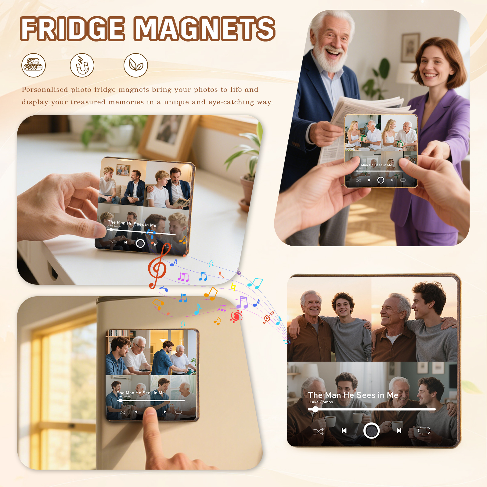 4 Photos Personalised Music Fridge Magnet – Custom Photo & Song & Text - Meaningful Gift for Loved Ones | Jessemade