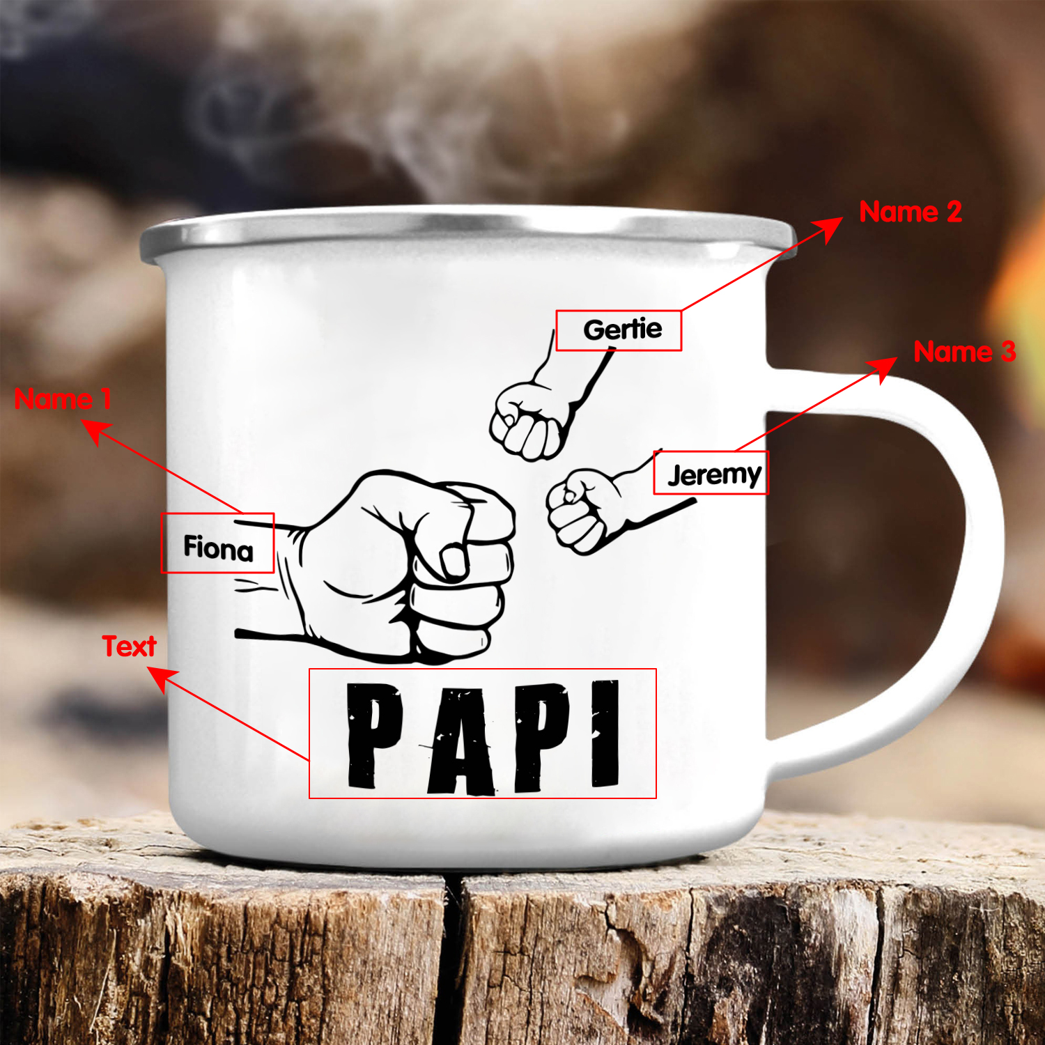 3 Names-Personalised Enamel Mug for Dad – Custom Names Fist Bump Design | Jessemade