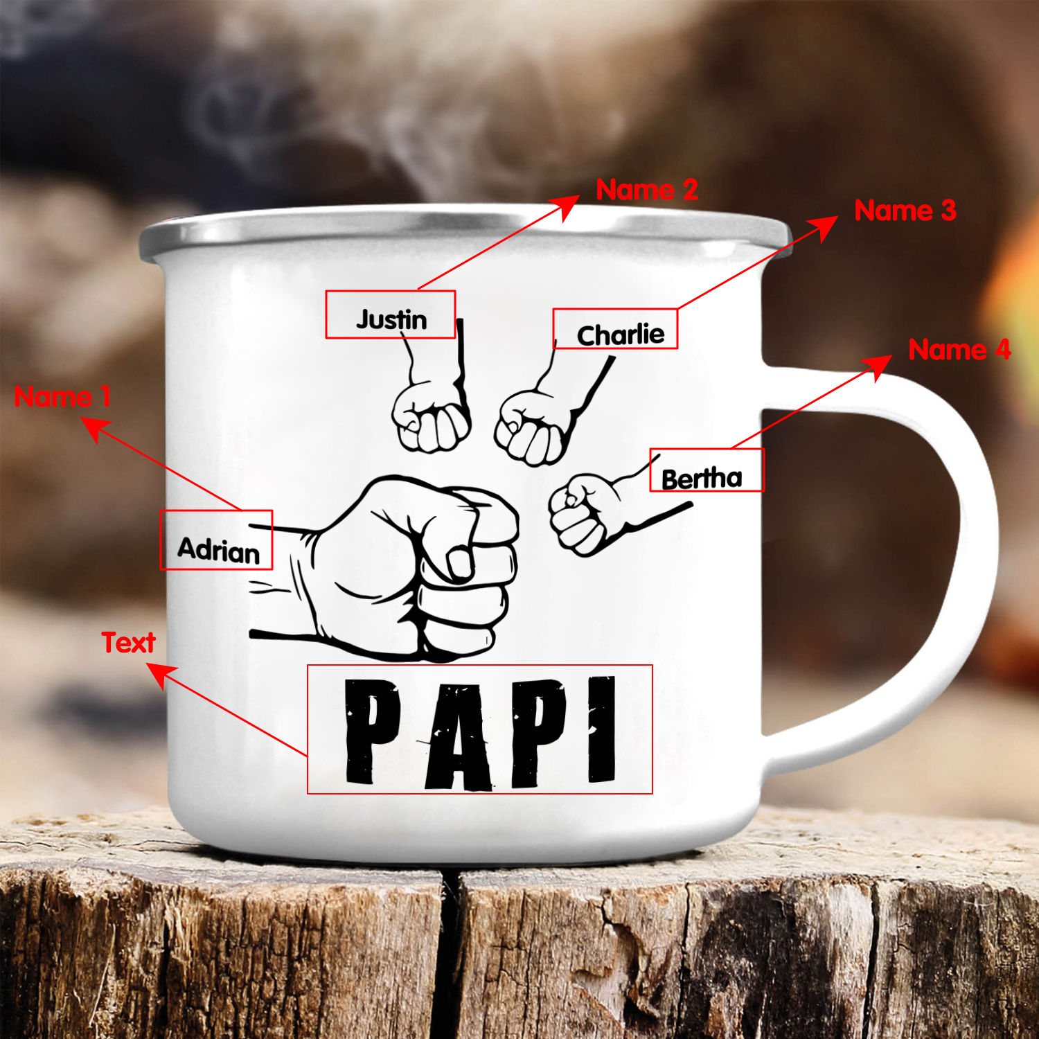 4 Names-Personalised Enamel Mug for Dad – Custom Names Fist Bump Design | Jessemade