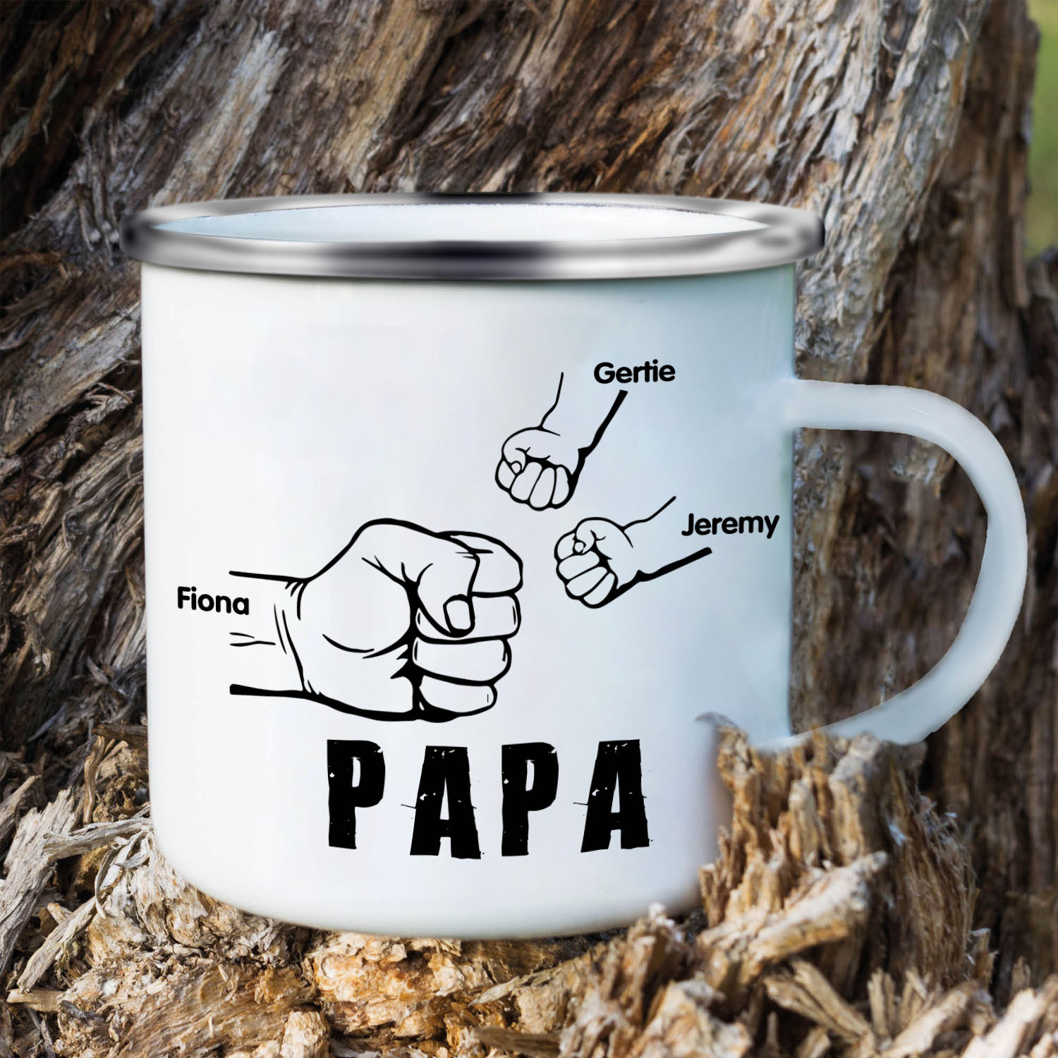3 Names-Personalised Enamel Mug for Dad – Custom Names Fist Bump Design | Jessemade