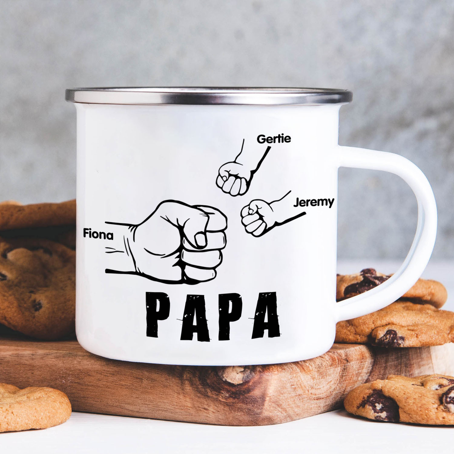 3 Names-Personalised Enamel Mug for Dad – Custom Names Fist Bump Design | Jessemade
