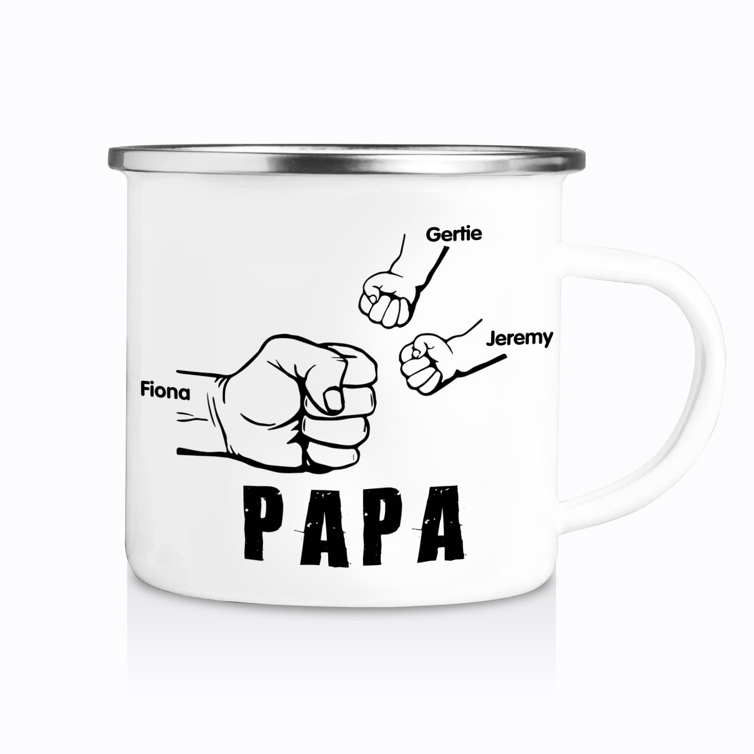 3 Names-Personalised Enamel Mug for Dad – Custom Names Fist Bump Desig