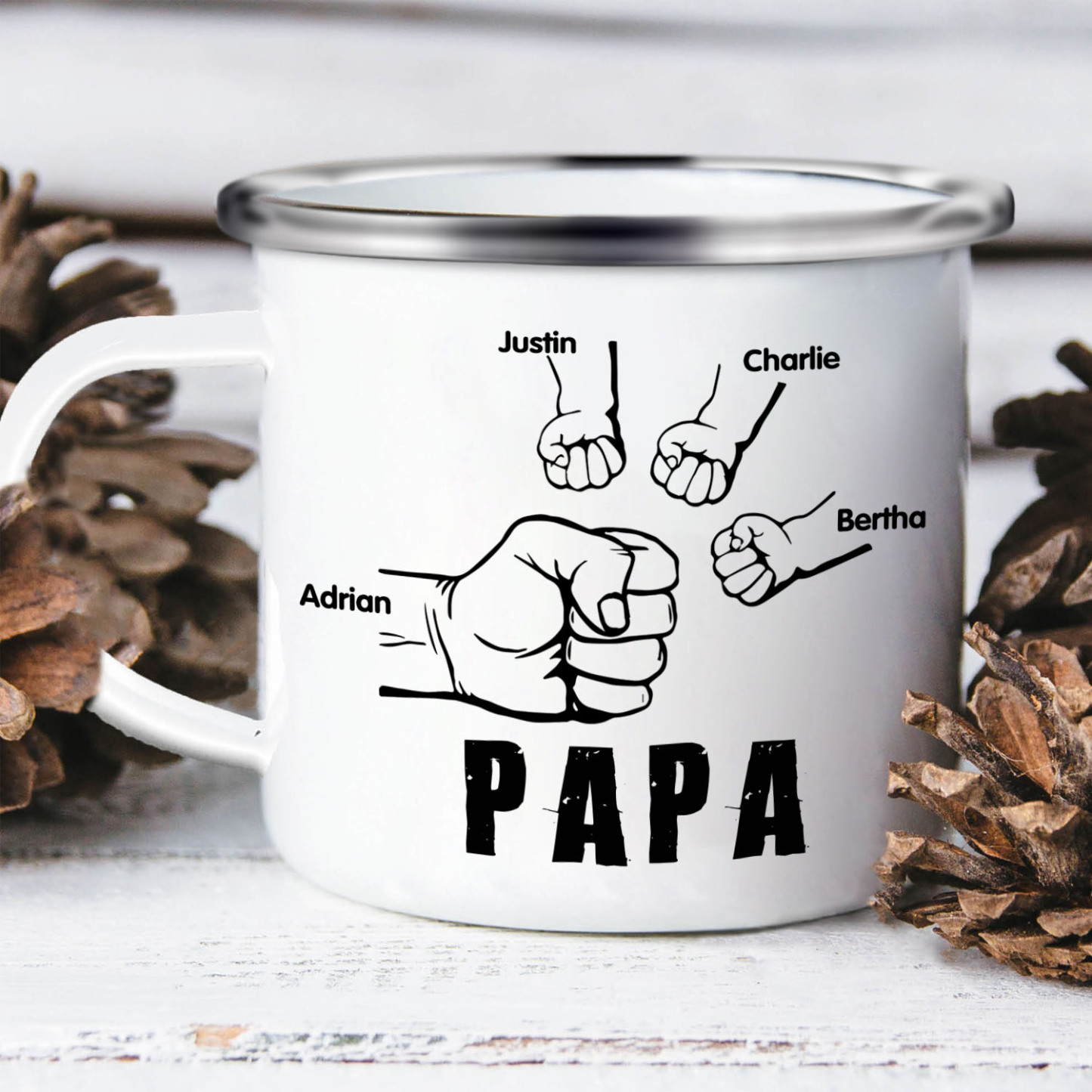 4 Names-Personalised Enamel Mug for Dad – Custom Names Fist Bump Design | Jessemade