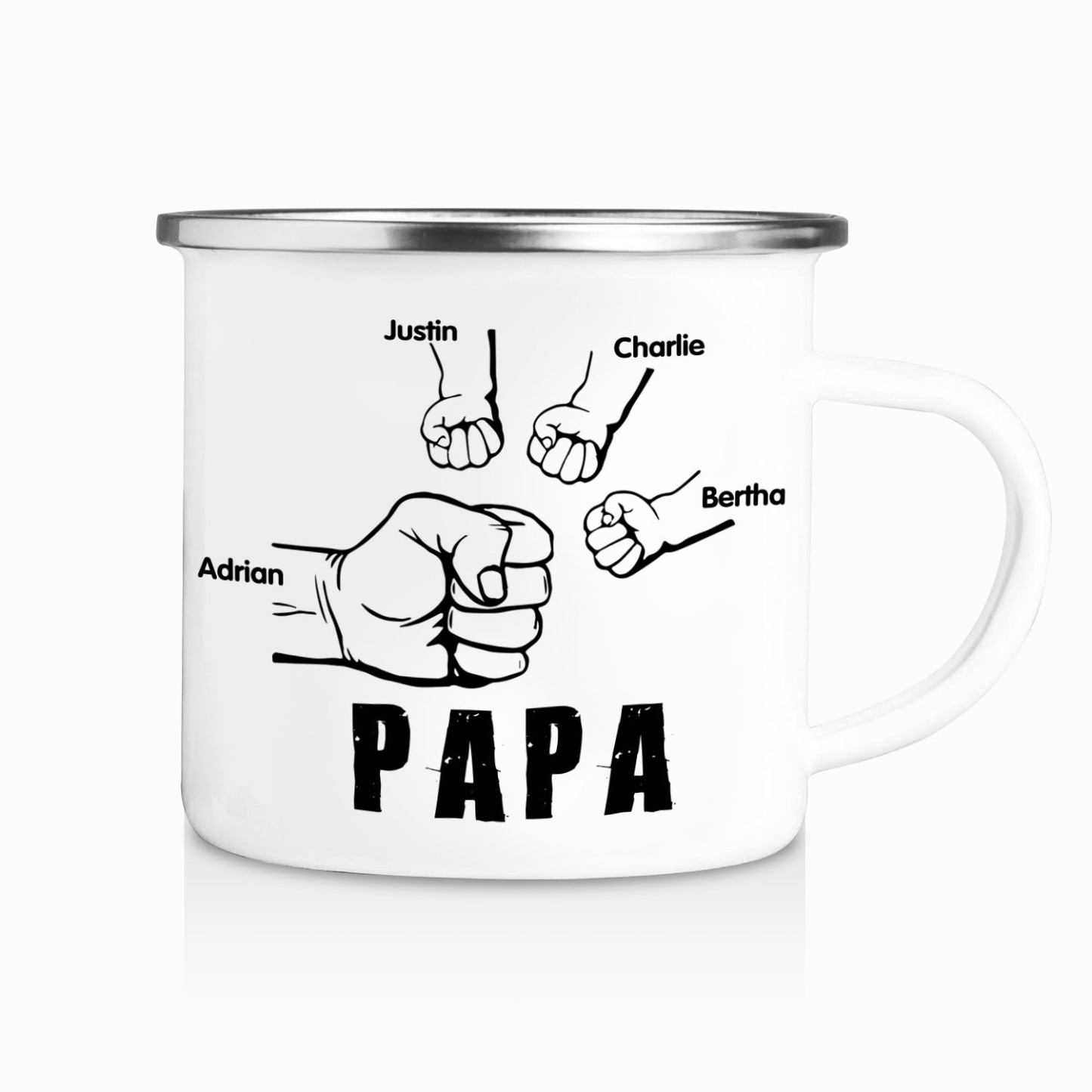 4 Names-Personalised Enamel Mug for Dad – Custom Names Fist Bump Desig