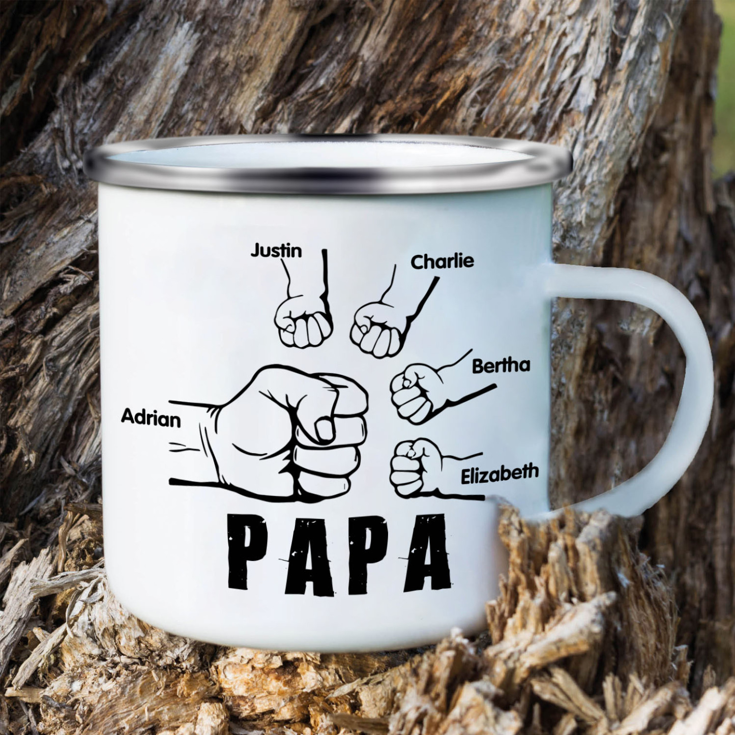 5 Names-Personalised Enamel Mug for Dad – Custom Names Fist Bump Design | Jessemade
