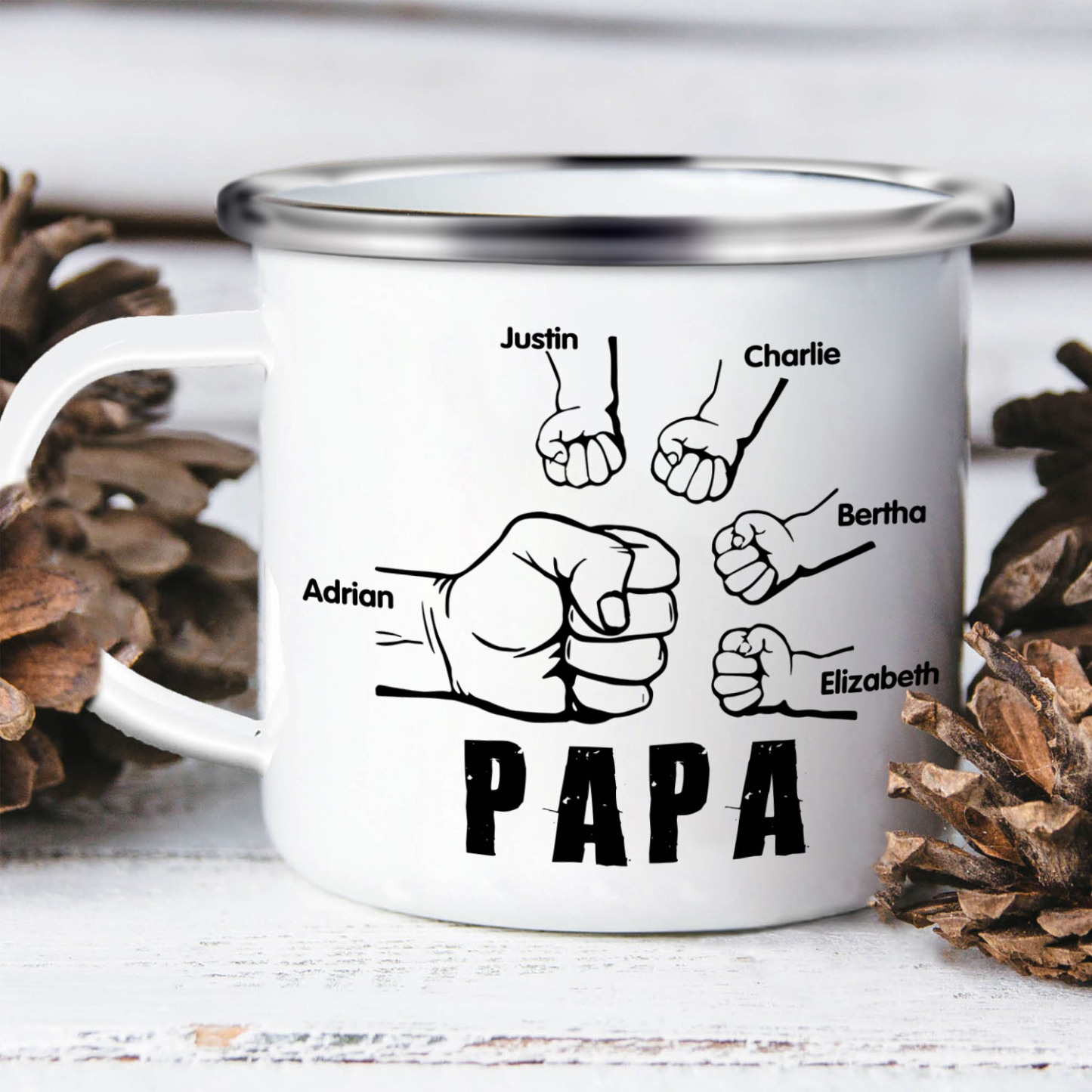5 Names-Personalised Enamel Mug for Dad – Custom Names Fist Bump Design | Jessemade