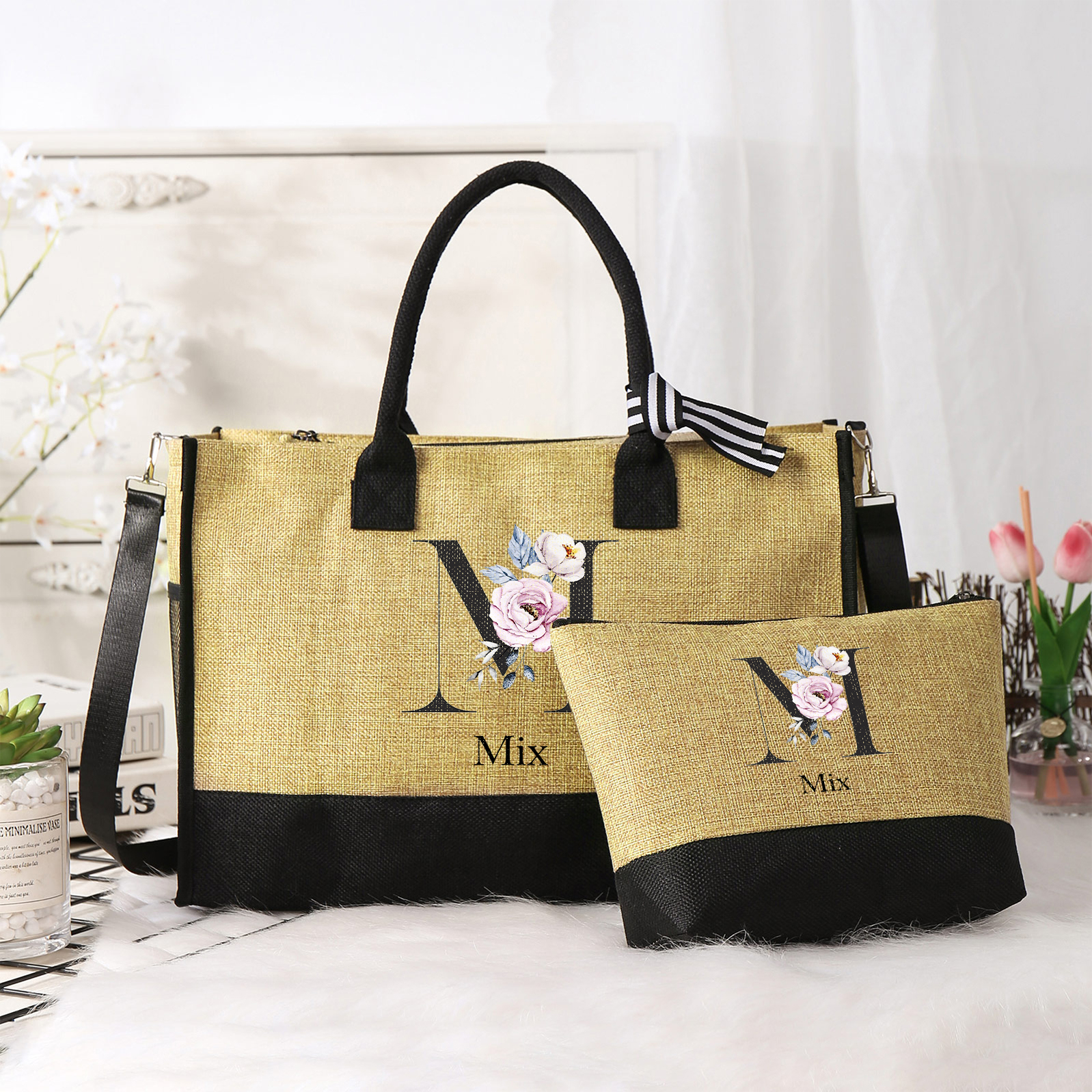 Personalized Letters with Name Tote Beach Jute Bag Birthday Wedding Party Travel Gift for Women/Girls