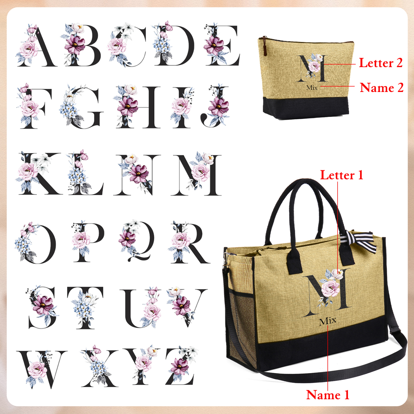 Personalized Letters with Name Tote Beach Jute Bag Birthday Wedding Party Travel Gift for Women/Girls