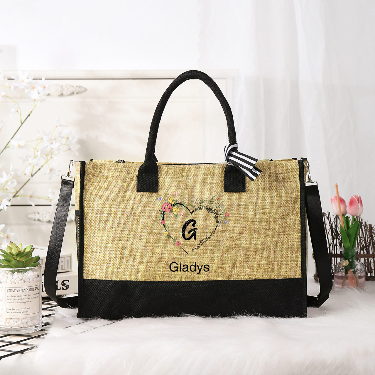 Personalized Custom Letter and Name Tote Bag Beach Jute Bag Birthday Wedding Party Travel Gift for Women/Girls