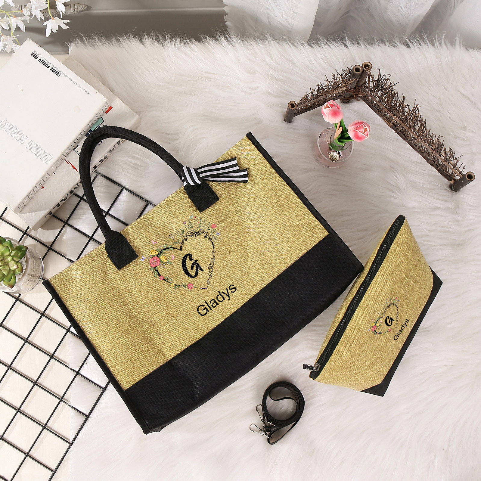 Personalized Custom Letter and Name Tote Bag Beach Jute Bag Birthday Wedding Party Travel Gift for Women/Girls