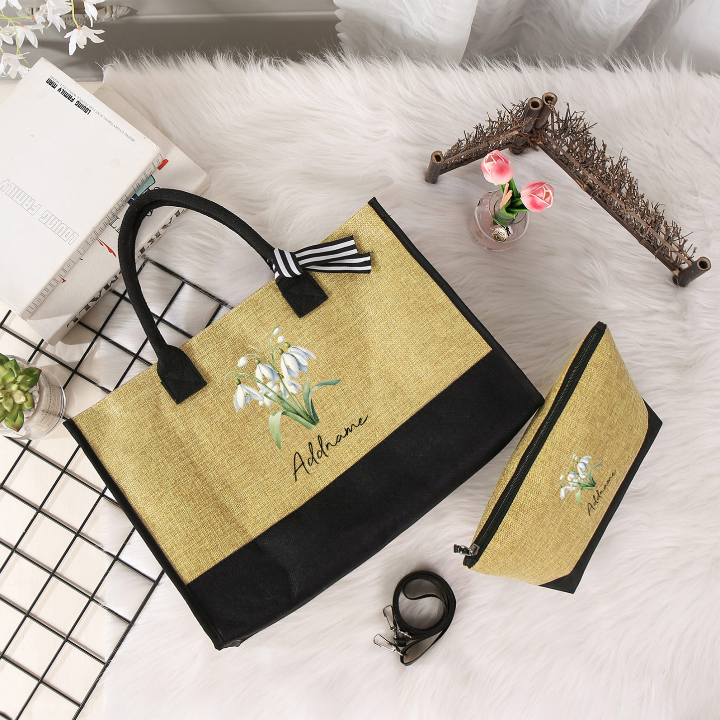 Personalized Custom Beautiful Birthflower and Name Tote Bag Beach Jute Bag Birthday Wedding Party Travel Gift for Women/Girls