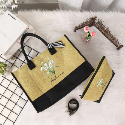 Personalized Custom Beautiful Birthflower and Name Tote Bag Beach Jute Bag Birthday Wedding Party Travel Gift for Women/Girls