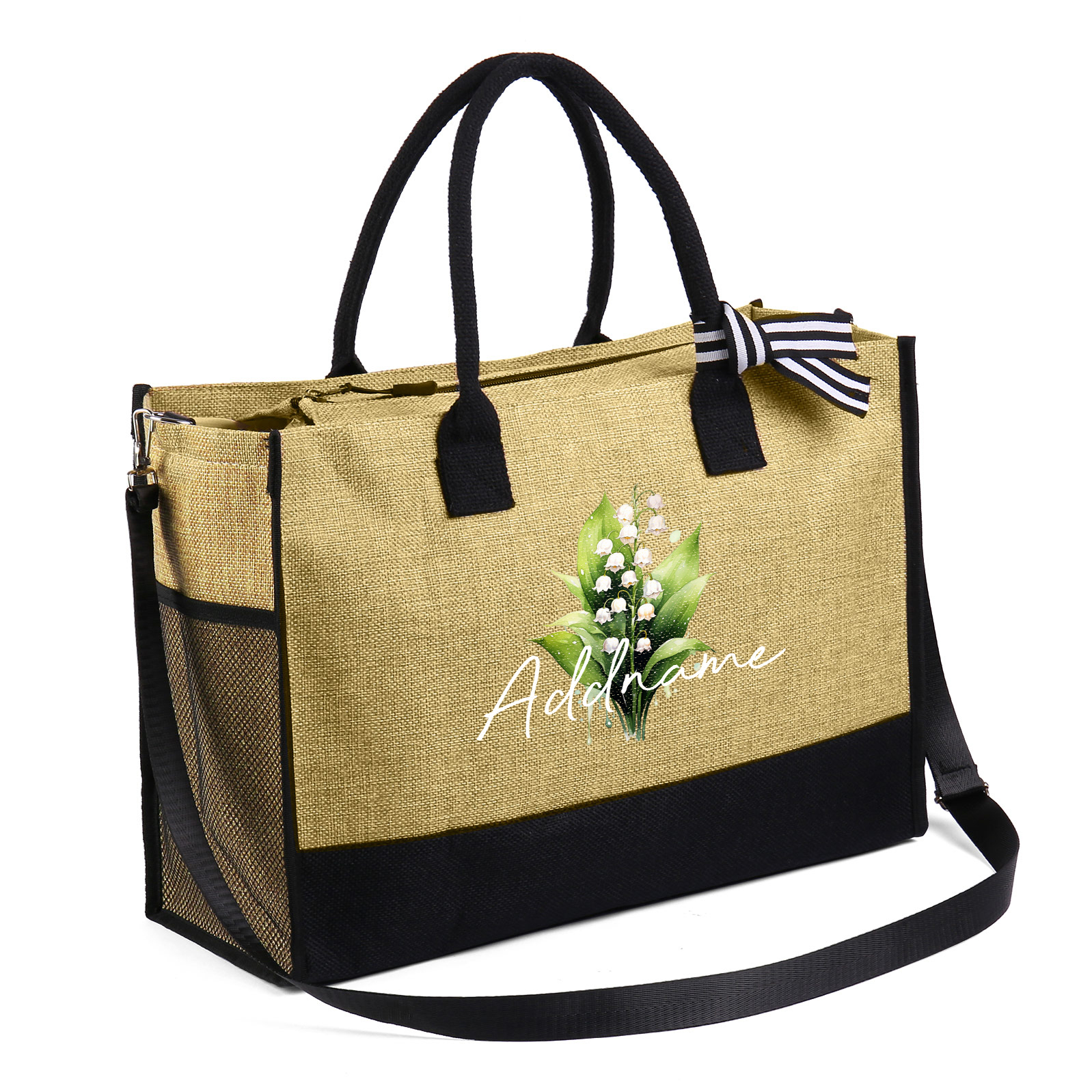 Personalized Custom Beautiful Birthflower and Name Tote Bag Beach Jute Bag Birthday Wedding Party Travel Gift for Women/Girls