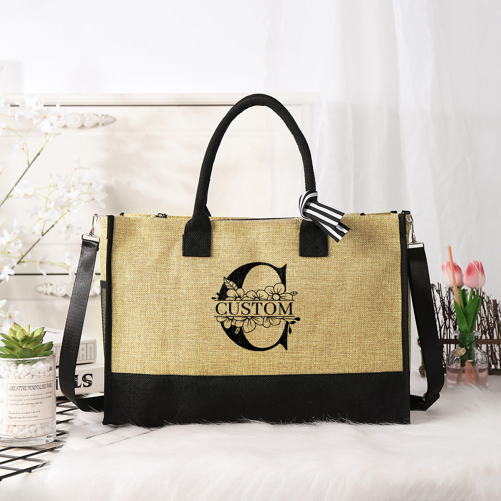 Personalized Letters with Name Tote Beach Jute Bag Birthday Wedding Party Travel Gift for Women/Girls