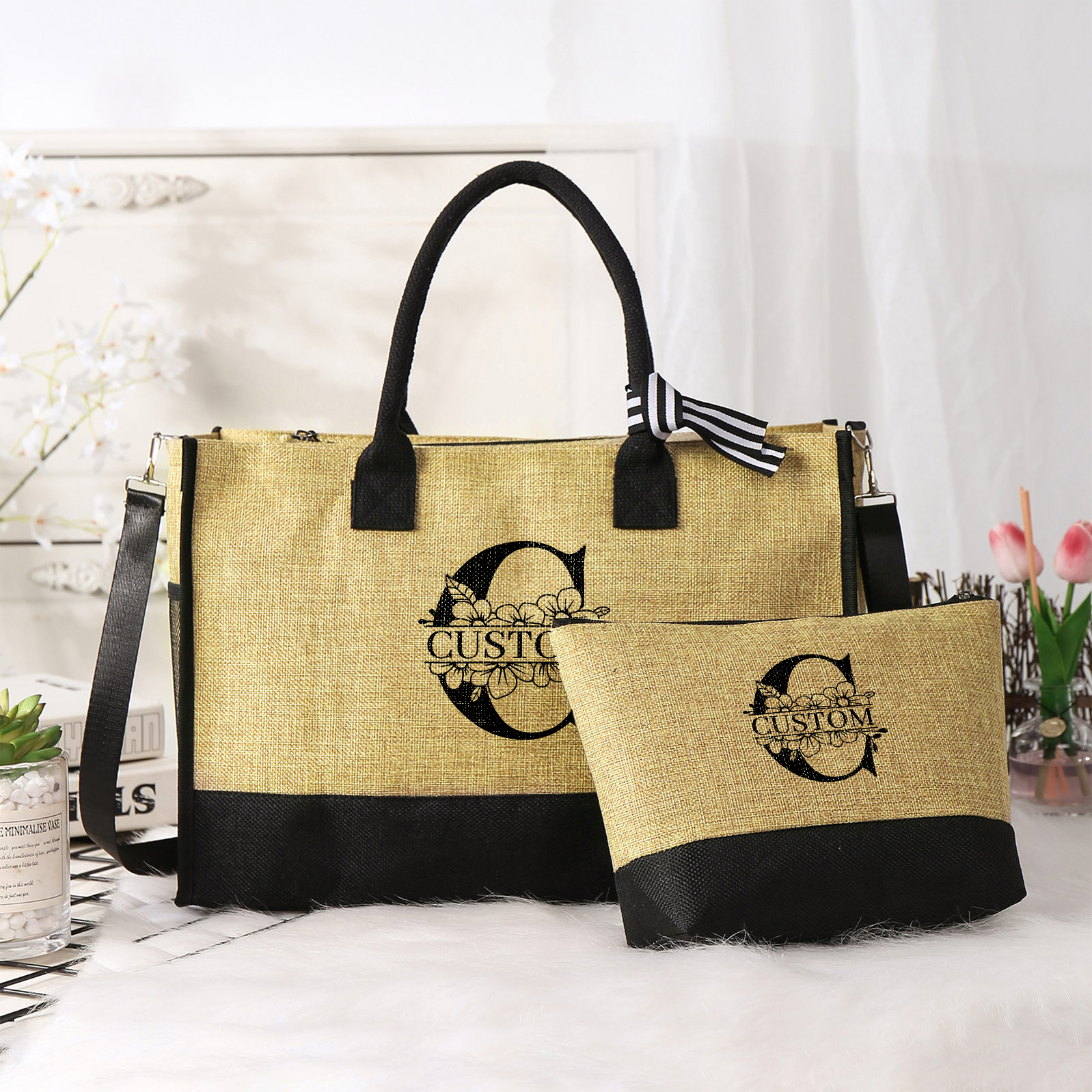 Personalized Letters with Name Tote Beach Jute Bag Birthday Wedding Party Travel Gift for Women/Girls
