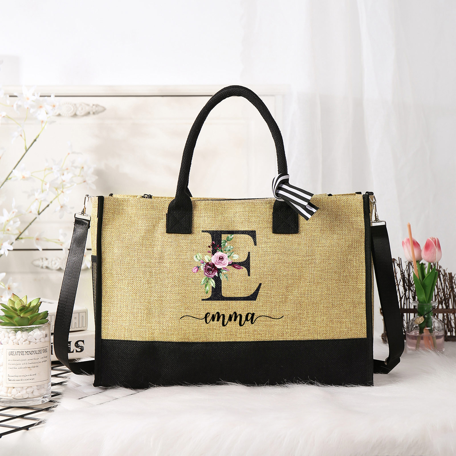 Personalised Beach Bag Custom Monogram Floral Tote Bag Set -  Gift for Women | Jessmade