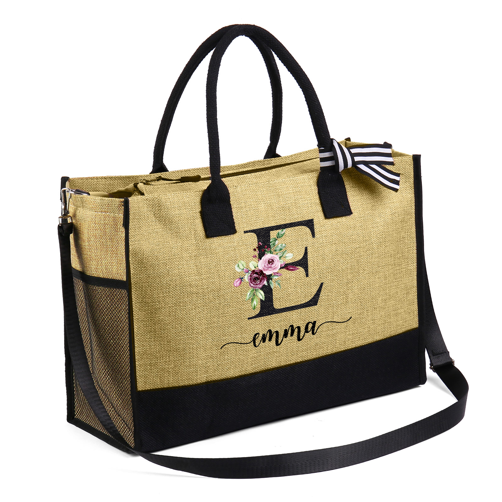 Personalised Beach Bag Custom Monogram Floral Tote Bag Set -  Gift for Women | Jessmade