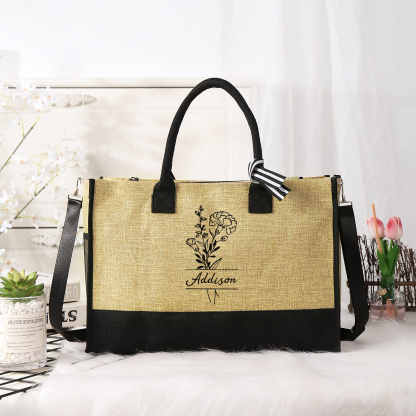 Personalized Custom Birthflower and Name Tote Bag Beach Jute Bag Birthday Wedding Party Travel Gift for Women/Girls