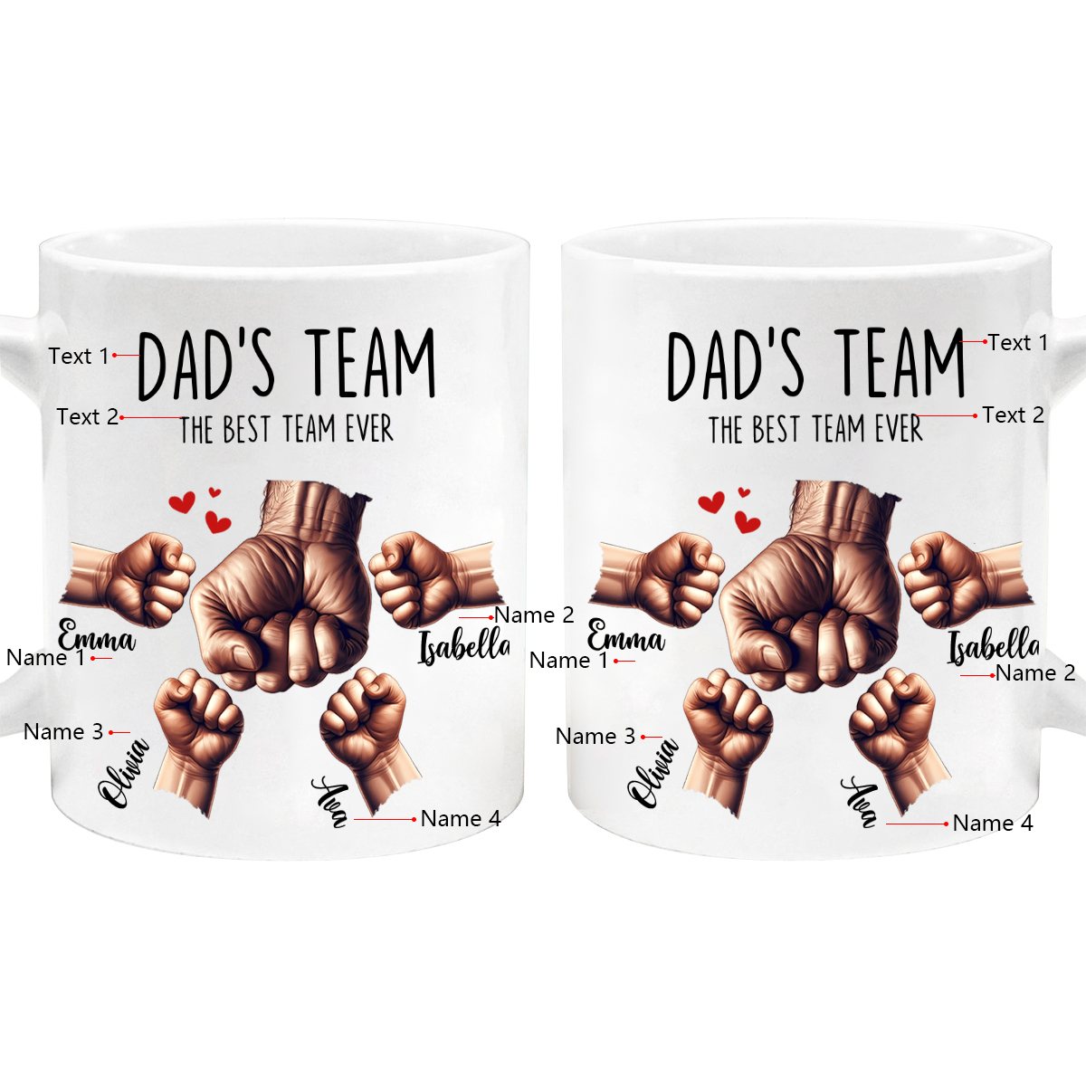 4 Names-Personalised Fist Bump Double Sided Printed Mug-Customised Father's Day Gift for Dad | Jessemade