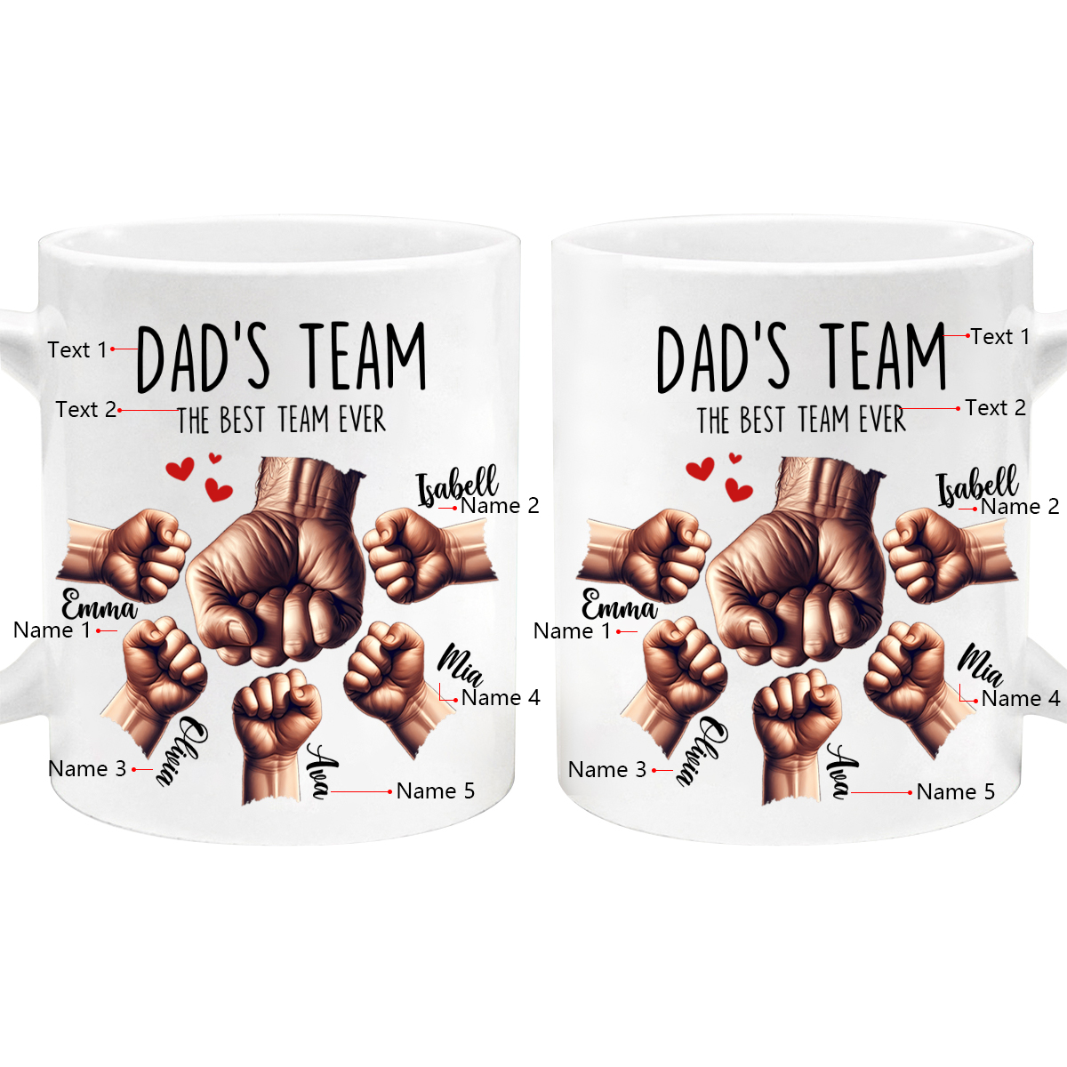 5 Names-Personalised Fist Bump Double Sided Printed Mug-Customised Father's Day Gift for Dad | Jessemade