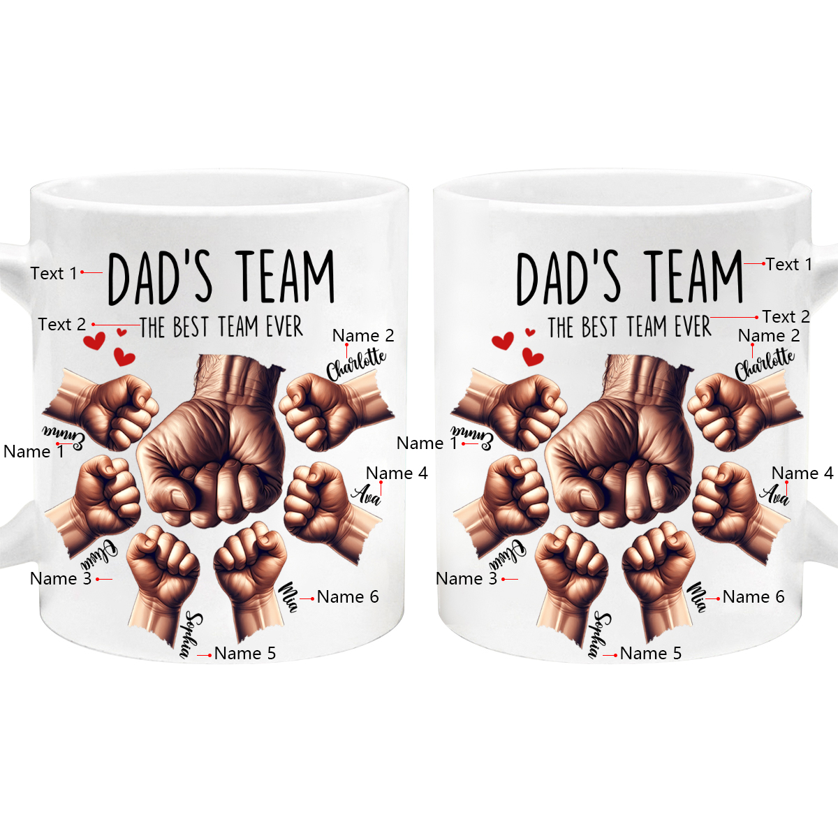 6 Names-Personalised Fist Bump Double Sided Printed Mug-Customised Father's Day Gift for Dad | Jessemade
