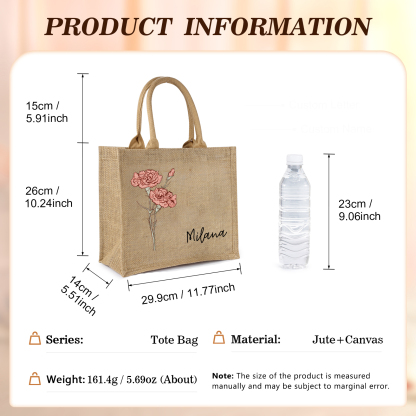 Personalized Birth Flower & Name Tote Bag Beach Jute Bag Birthday Wedding Party Travel Gift for Women/Girls