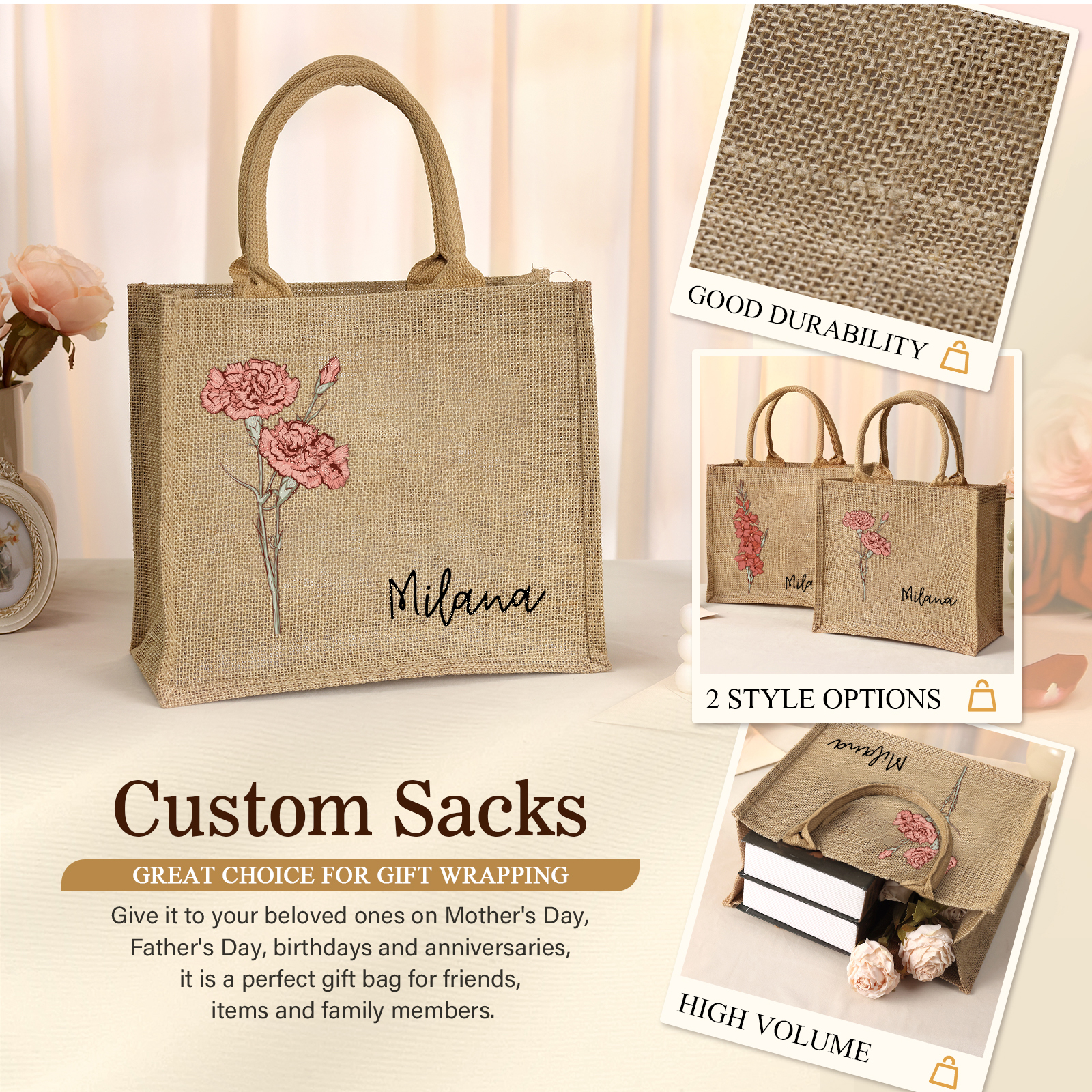 Personalized Birth Flower & Name Tote Bag Beach Jute Bag Birthday Wedding Party Travel Gift for Women/Girls