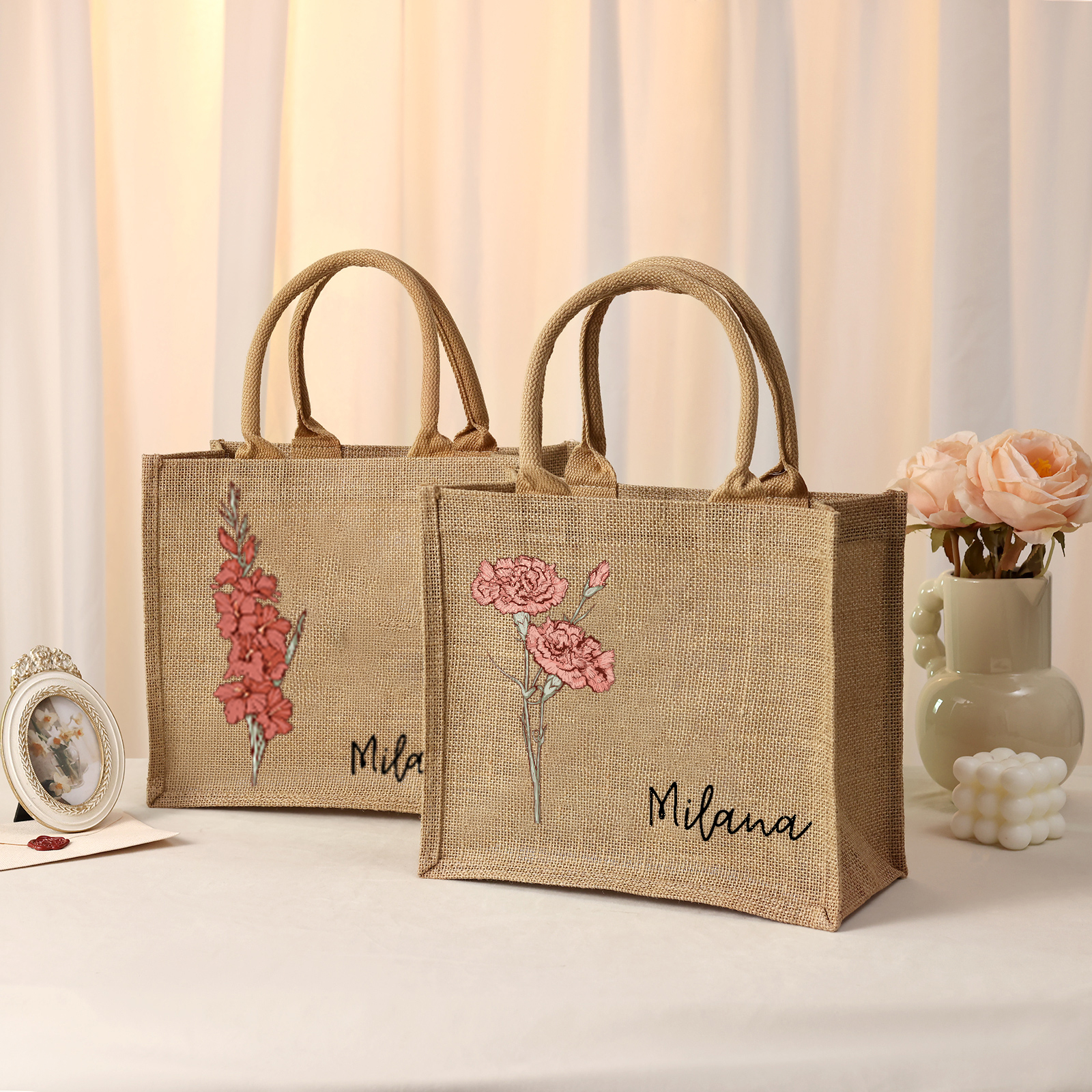 Personalized Birth Flower & Name Tote Bag Beach Jute Bag Birthday Wedding Party Travel Gift for Women/Girls