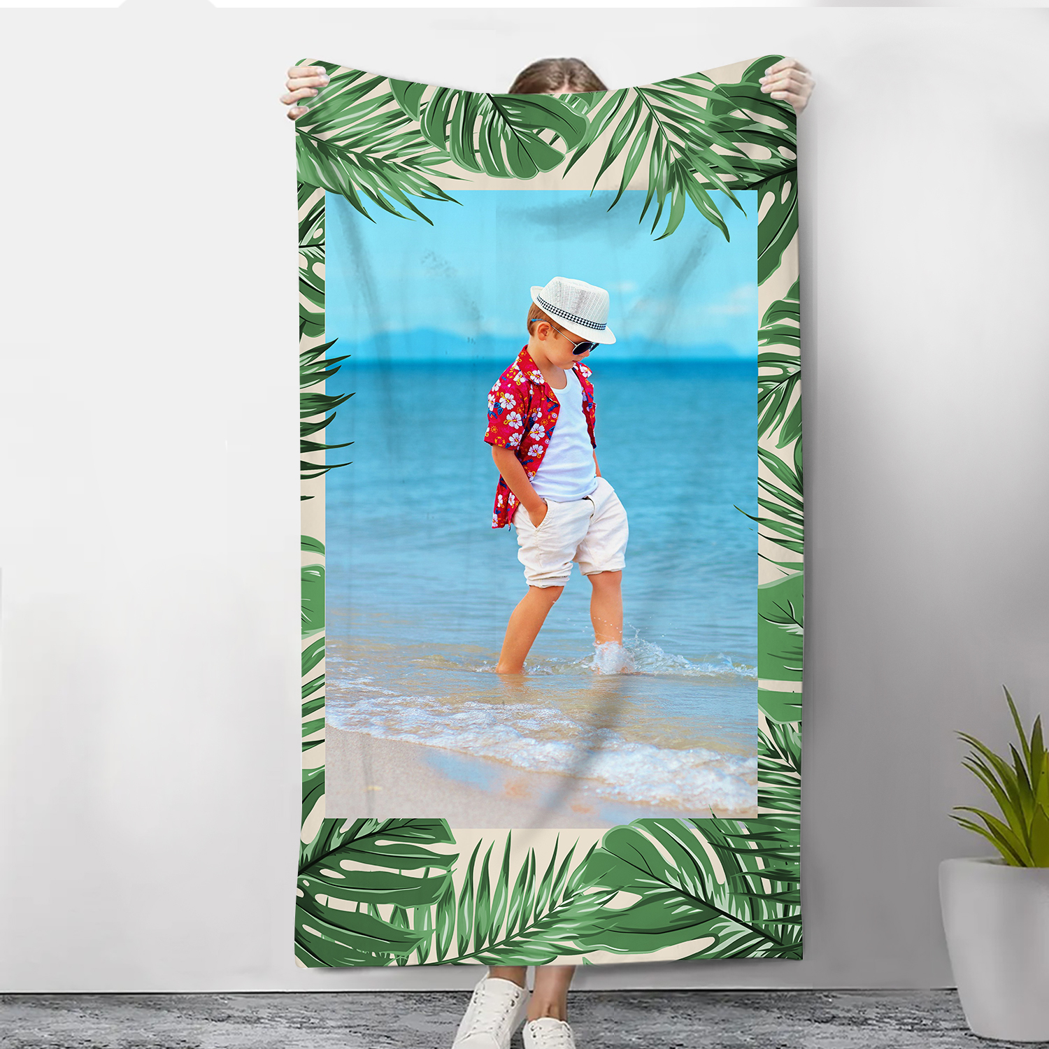 Personalized 1 Photo Summer Green Feather Beach Personalized Beach Towel For Her/Him