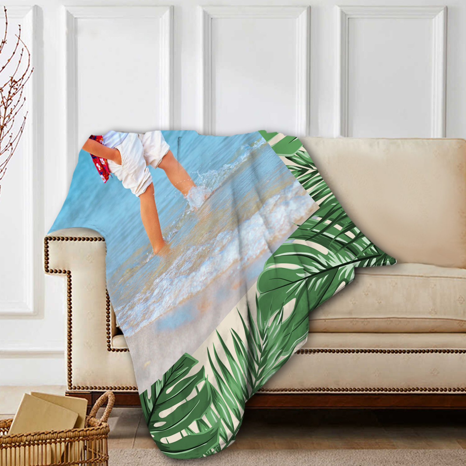 Personalized 1 Photo Summer Green Feather Beach Personalized Beach Towel For Her/Him