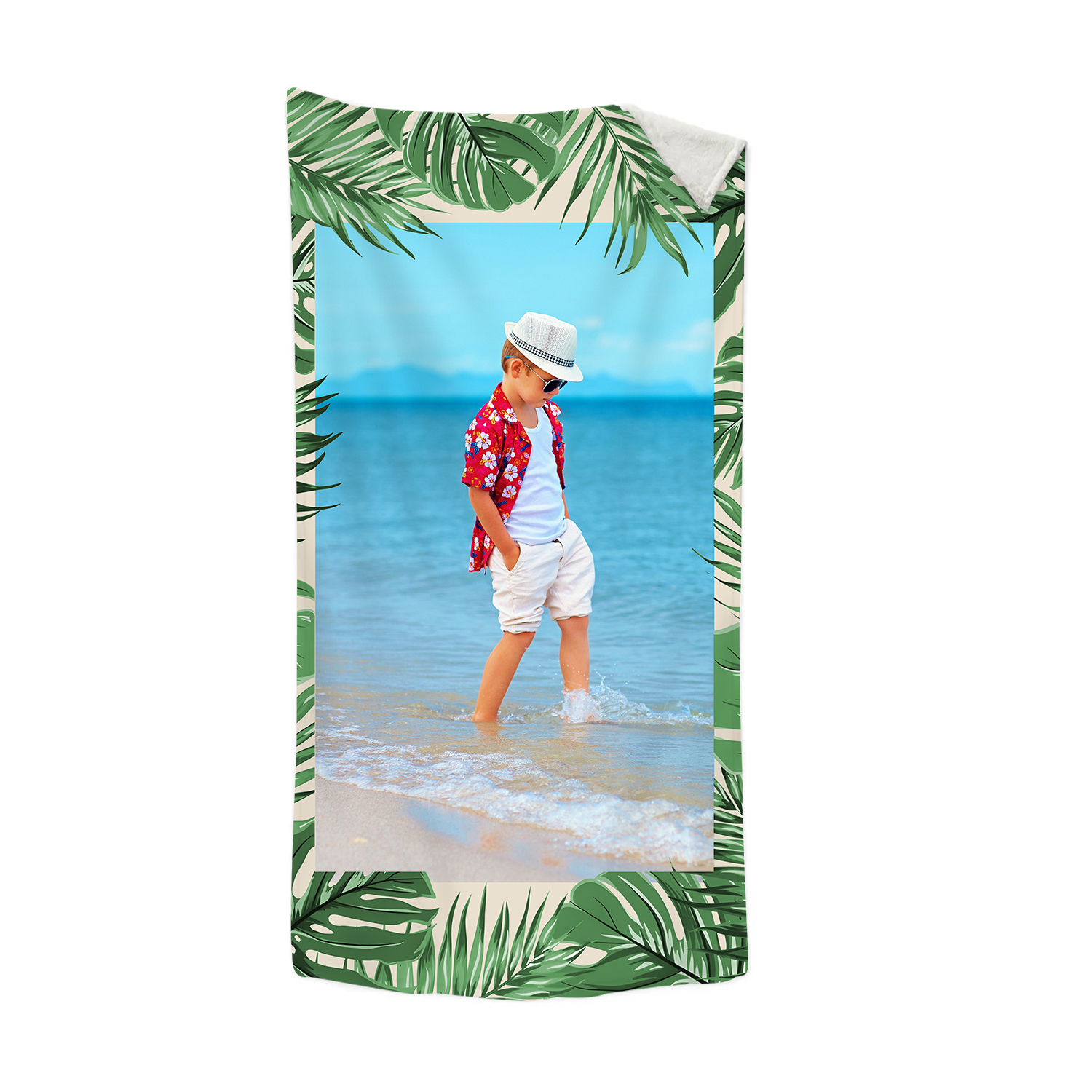 Personalized 1 Photo Summer Green Feather Beach Personalized Beach Towel For Her/Him