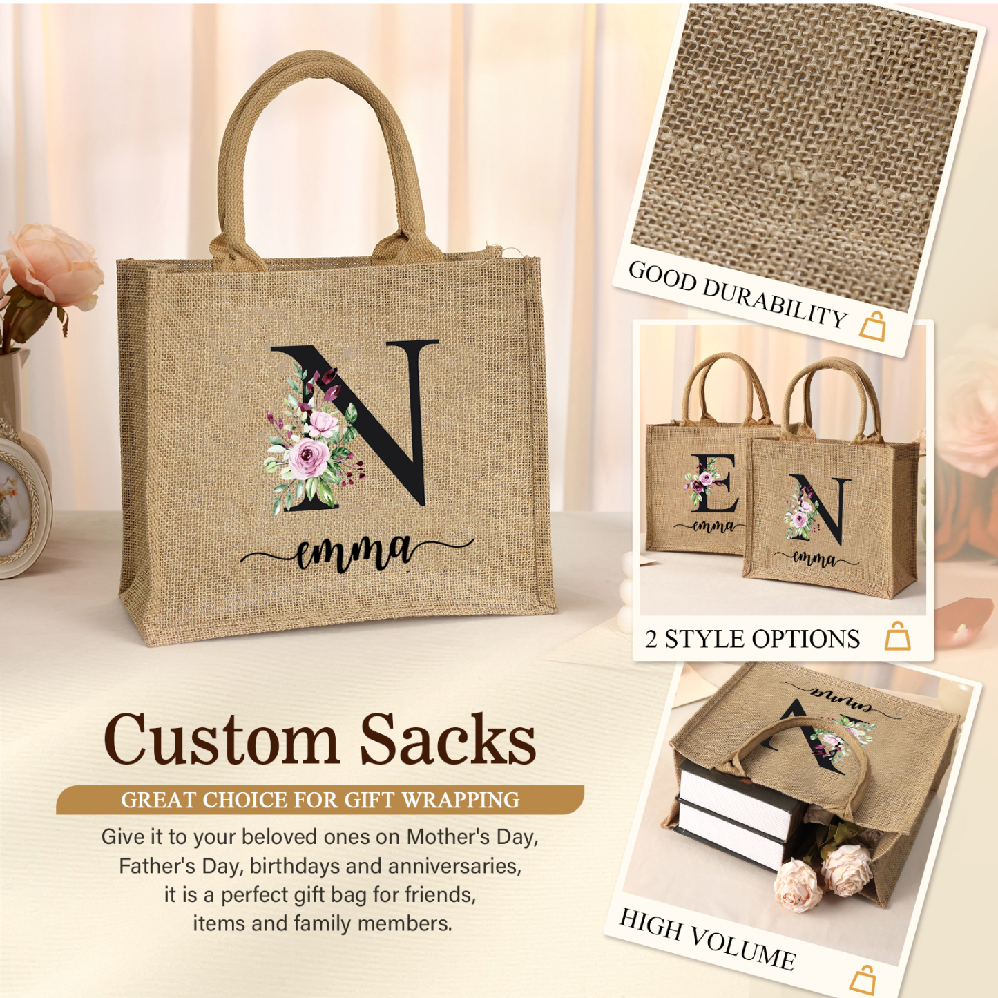 Personalized Letter & Name Tote Bag Beach Jute Bag Birthday Wedding Party Travel Gift for Women/Girls