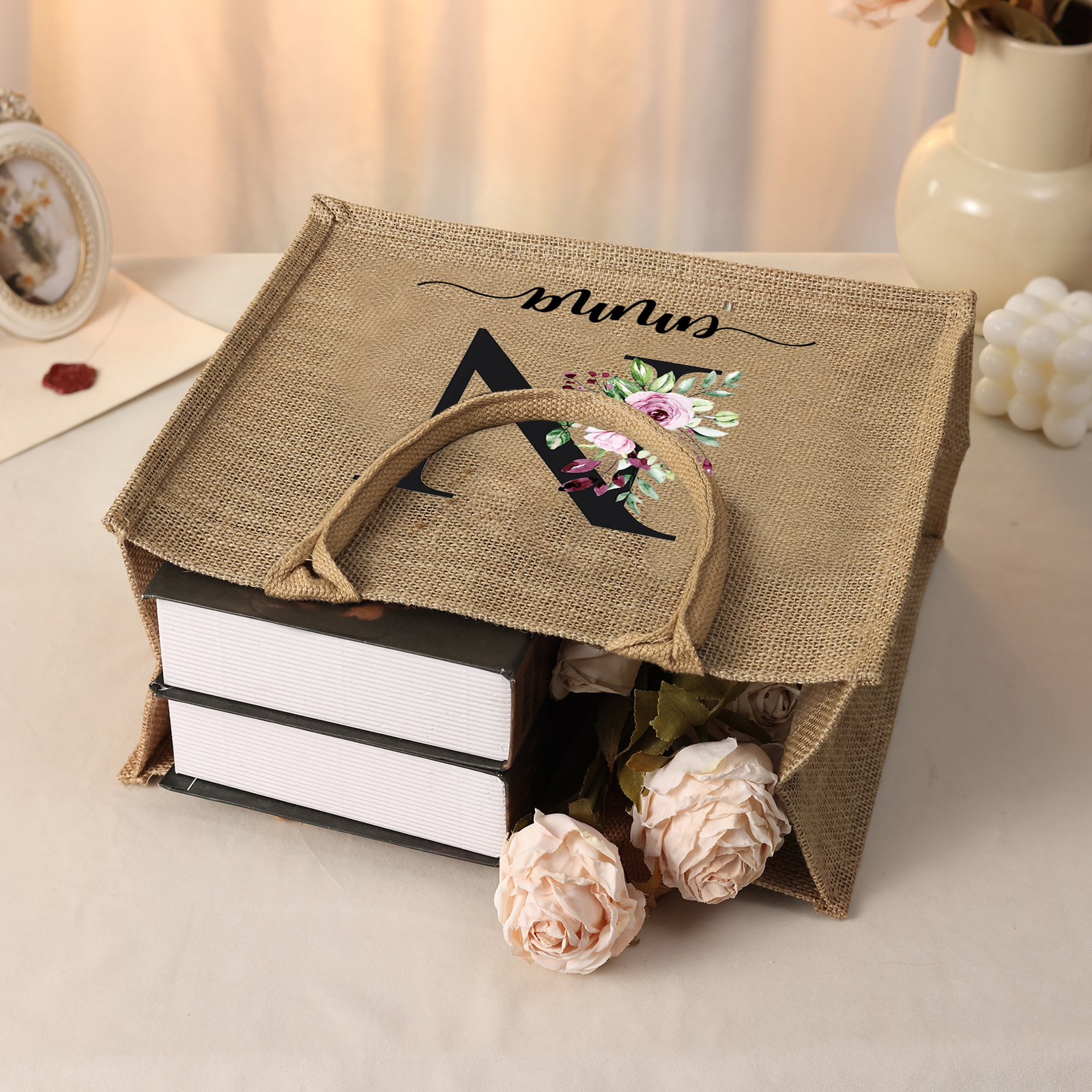 Personalized Letter & Name Tote Bag Beach Jute Bag Birthday Wedding Party Travel Gift for Women/Girls