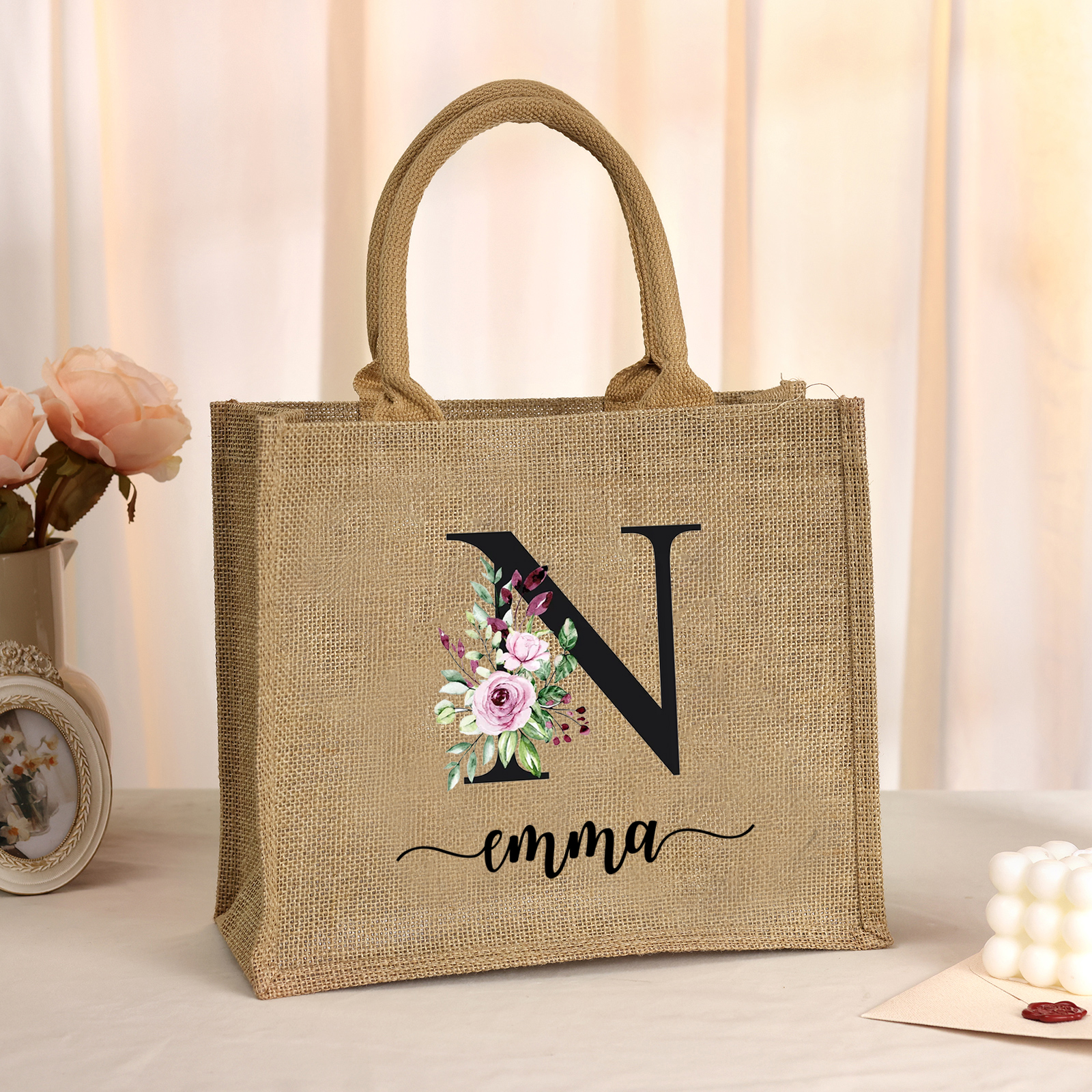 Personalized Letter & Name Tote Bag Beach Jute Bag Birthday Wedding Party Travel Gift for Women/Girls