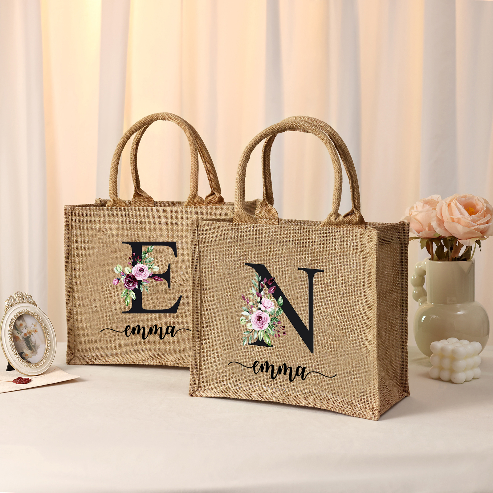 Personalized Letter & Name Tote Bag Beach Jute Bag Birthday Wedding Party Travel Gift for Women/Girls