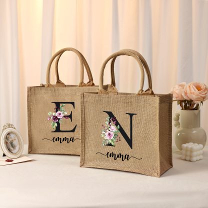 Personalized Letter & Name Tote Bag Beach Jute Bag Birthday Wedding Party Travel Gift for Women/Girls