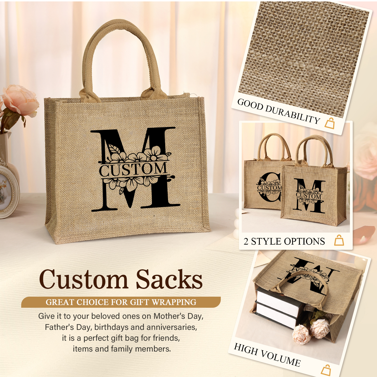Personalized Letter & Name Tote Bag Beach Jute Bag Birthday Wedding Party Travel Gift for Women/Girls