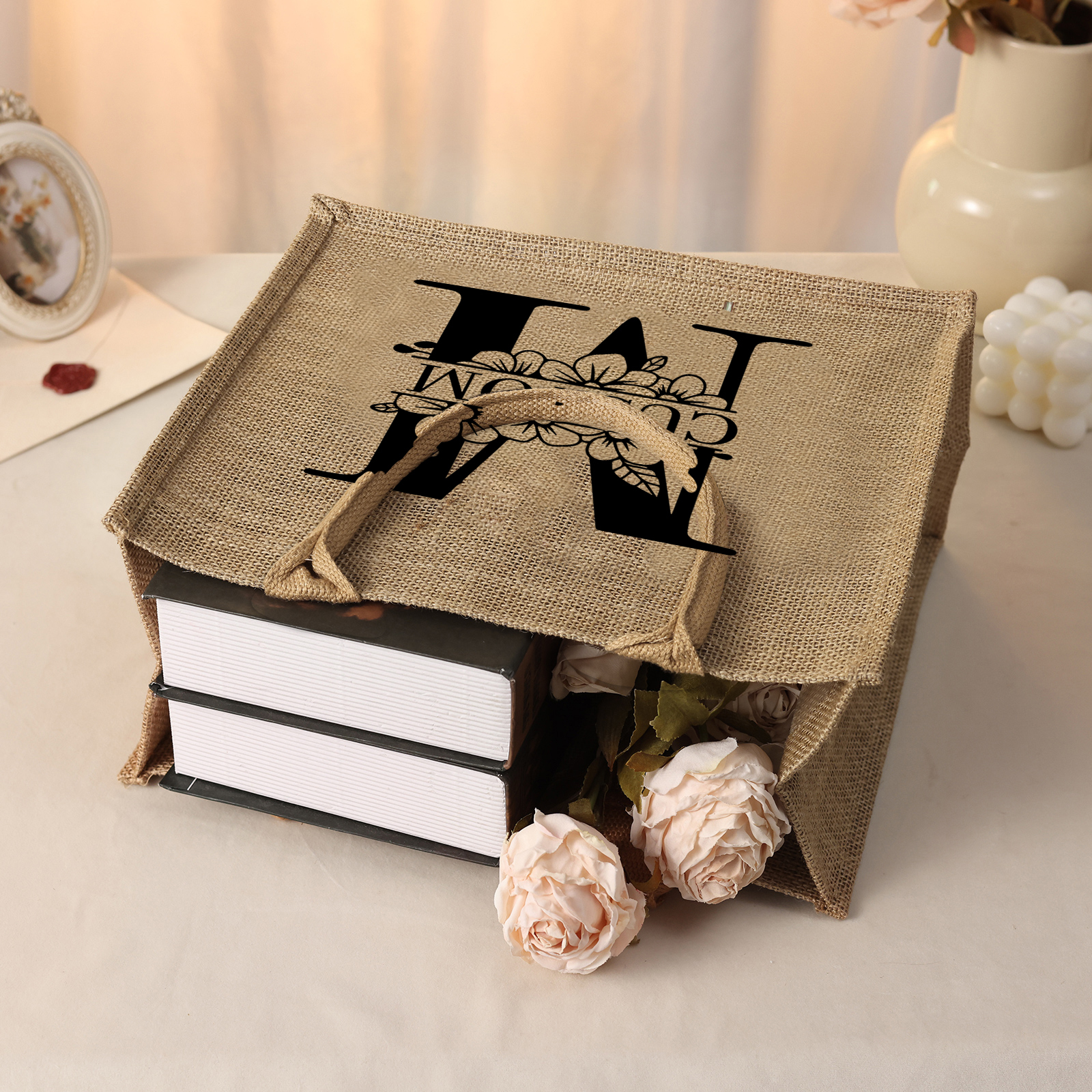 Personalized Letter & Name Tote Bag Beach Jute Bag Birthday Wedding Party Travel Gift for Women/Girls