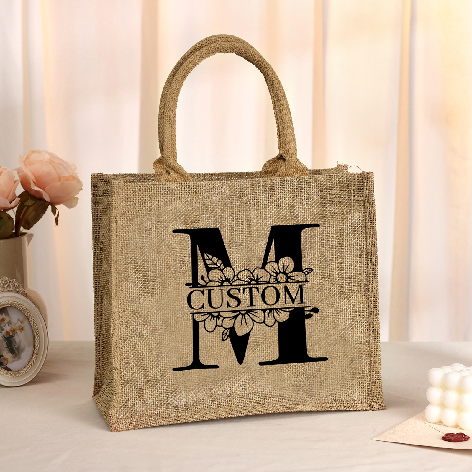Personalized Letter & Name Tote Bag Beach Jute Bag Birthday Wedding Party Travel Gift for Women/Girls