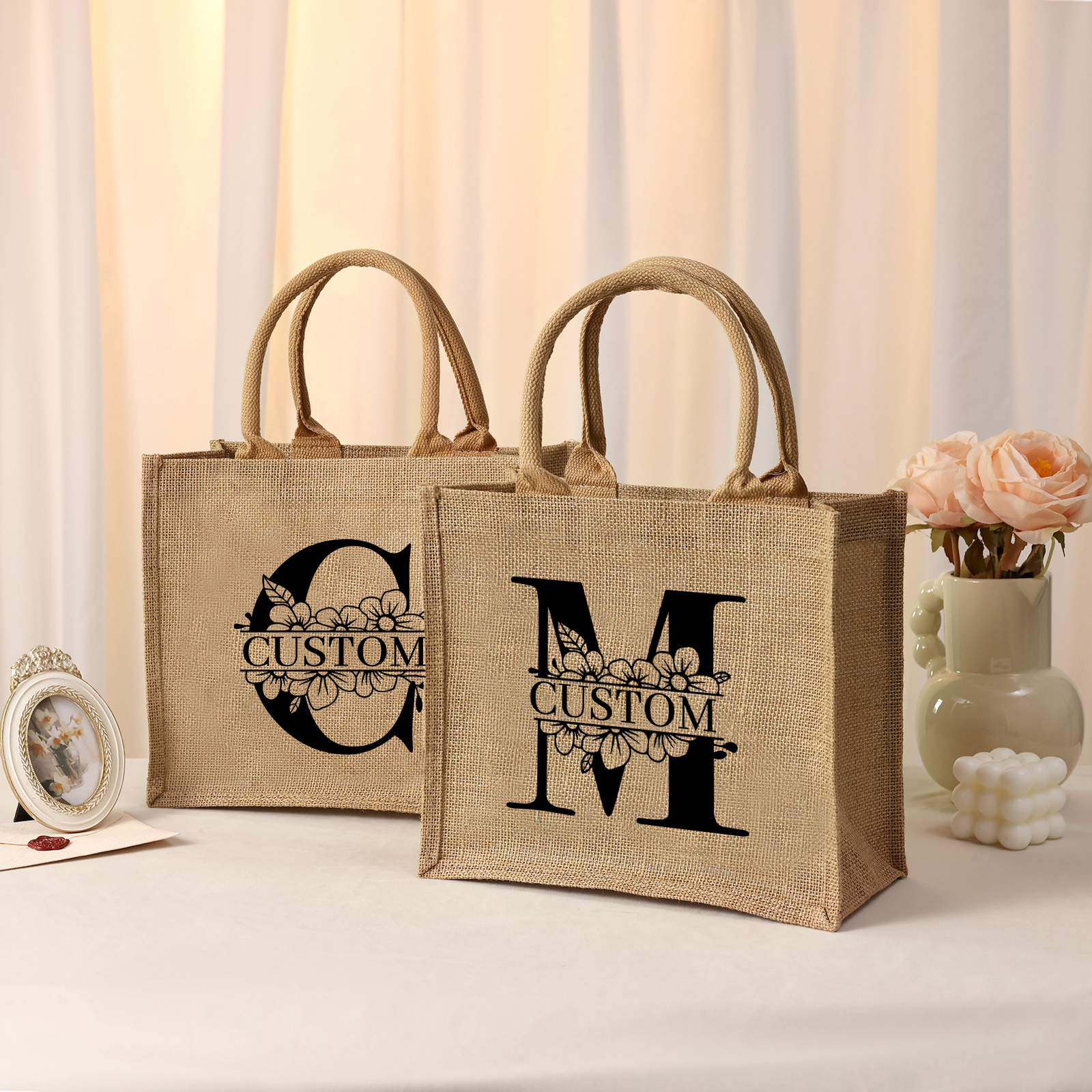 Personalized Letter & Name Tote Bag Beach Jute Bag Birthday Wedding Party Travel Gift for Women/Girls