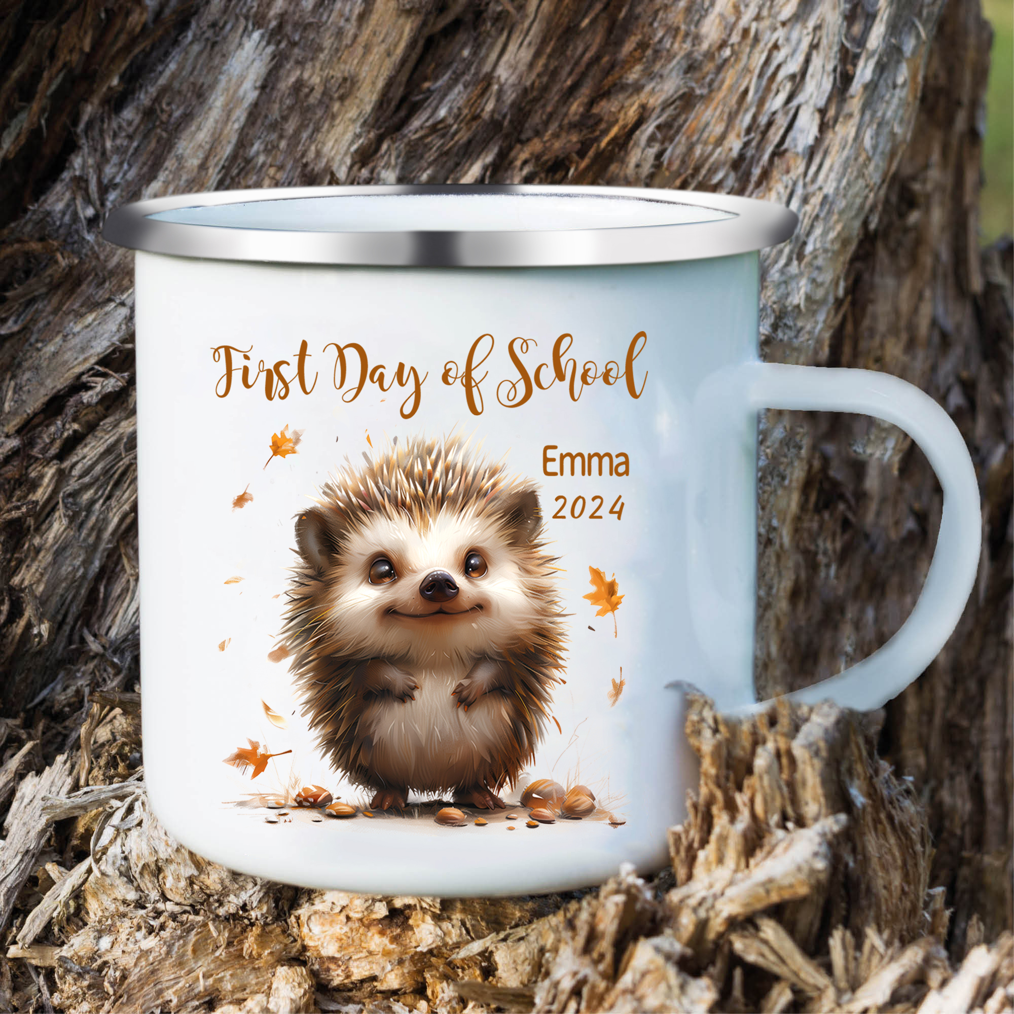 Cute Cartoon Hedgehog Custom Kid's Name and Date Personalised Travel Camping Childrens Enamel Mugs – First Day Of School Gift