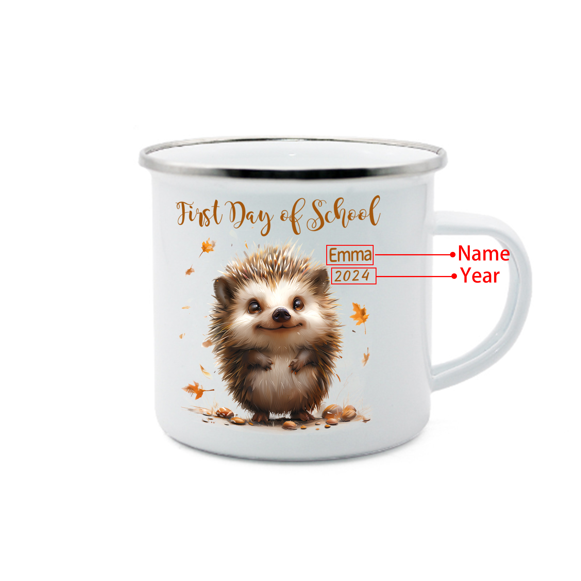 Cute Cartoon Hedgehog Custom Kid's Name and Date Personalised Travel Camping Childrens Enamel Mugs – First Day Of School Gift